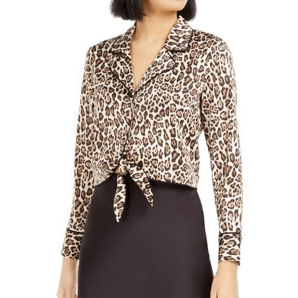 NWT Becca Tilley x Bar III Women’s Small Leopard-Print Tie-Front Satin Top