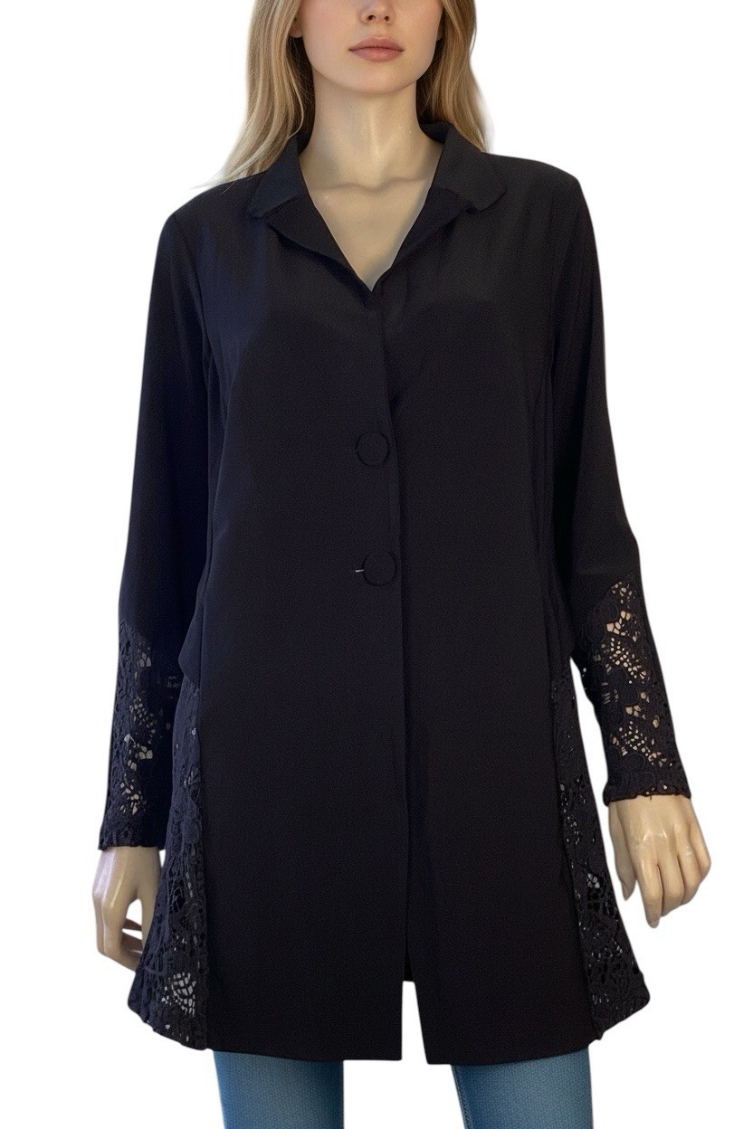 ⭐ MOTTO SIZE 14 AU BLACK EASY CARE STRETCH TUNIC JACKET STYLE TOP WITH LACE TRIM