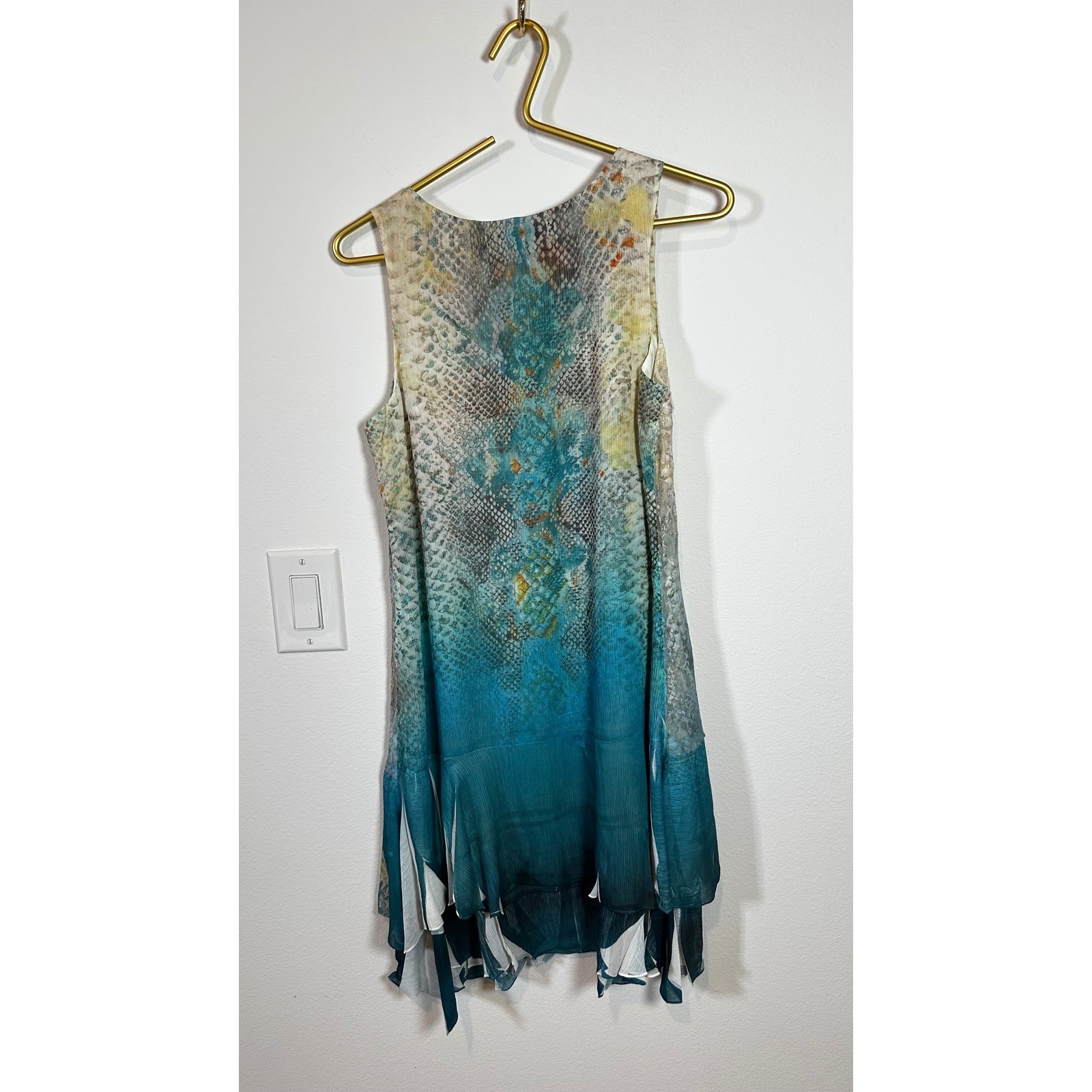 Mushka By Sienna Rose Blue Snakeskin Mesh Tunic Dress Metallic Ruffle Hem XS