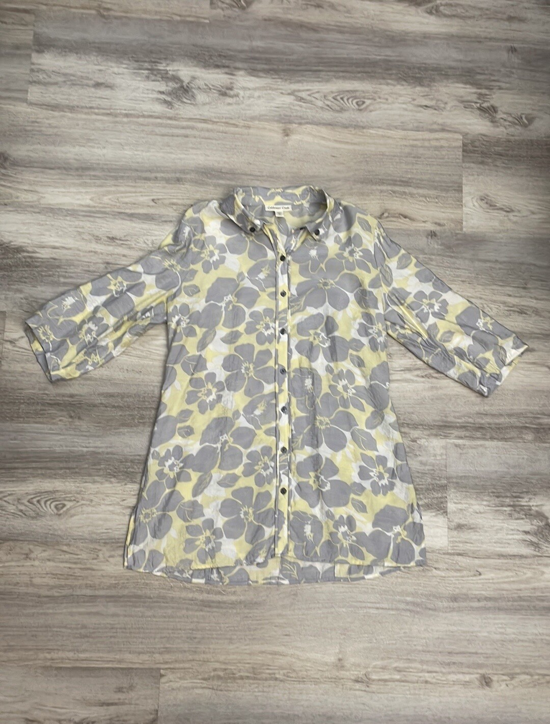 Coldwater Creek Yellow, Gray & White Floral Print Button Down Shirt Size M