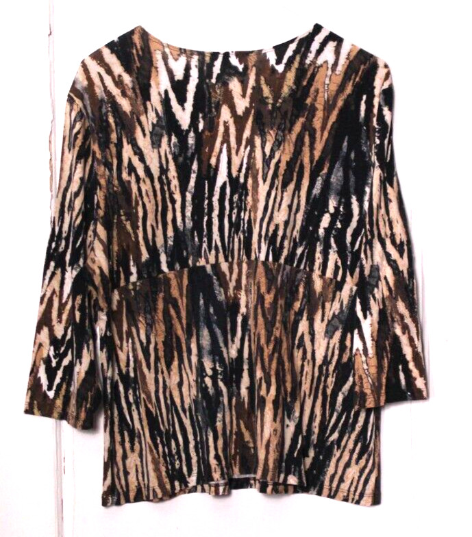 LINDA LEAL KNIT SHIRT ladies size 1X beige black brown stripe 3/4 sleeve stretch