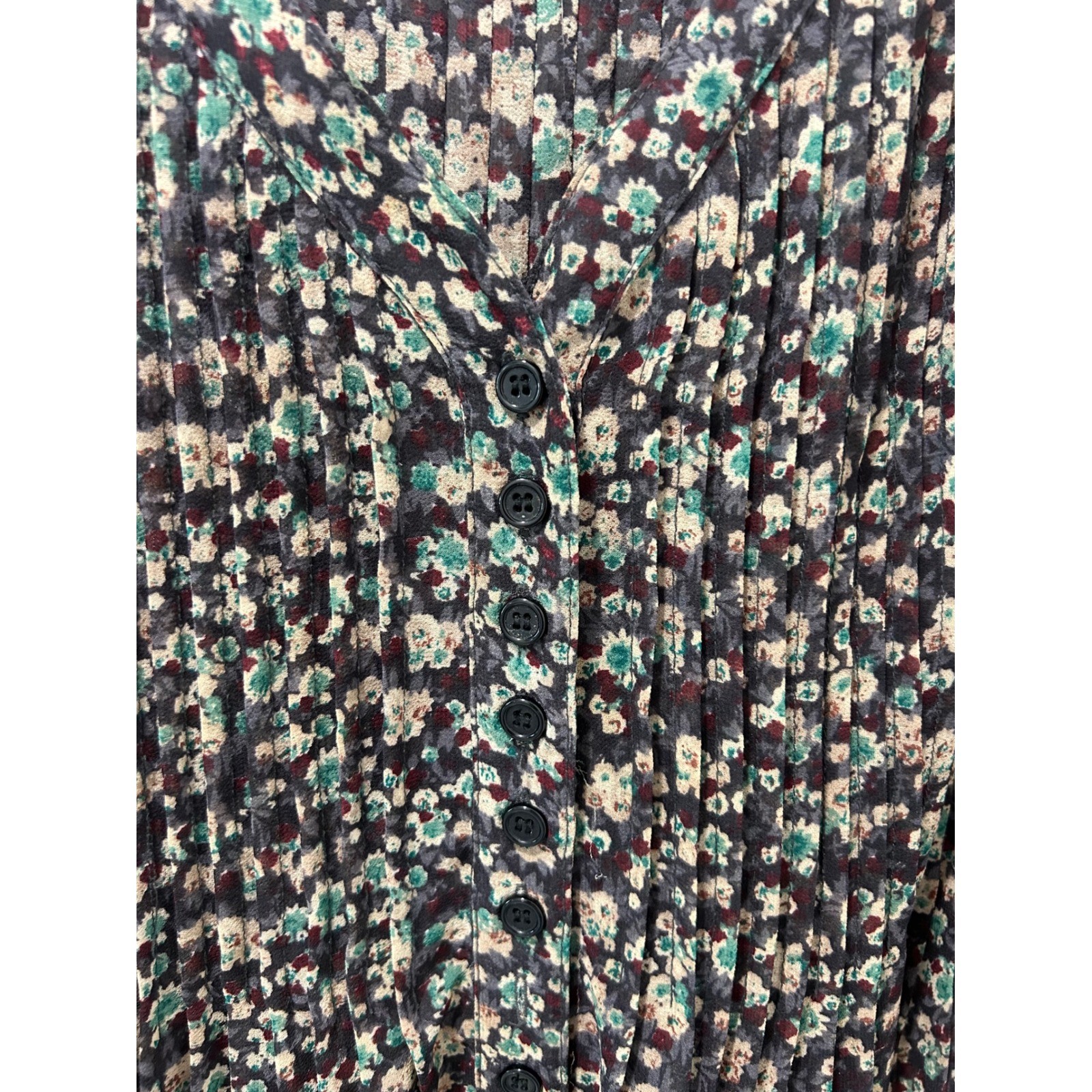 Hazel Floral Pleated Lace Trim Blouse Black Multi Bell Sleeve H33103 Womens L