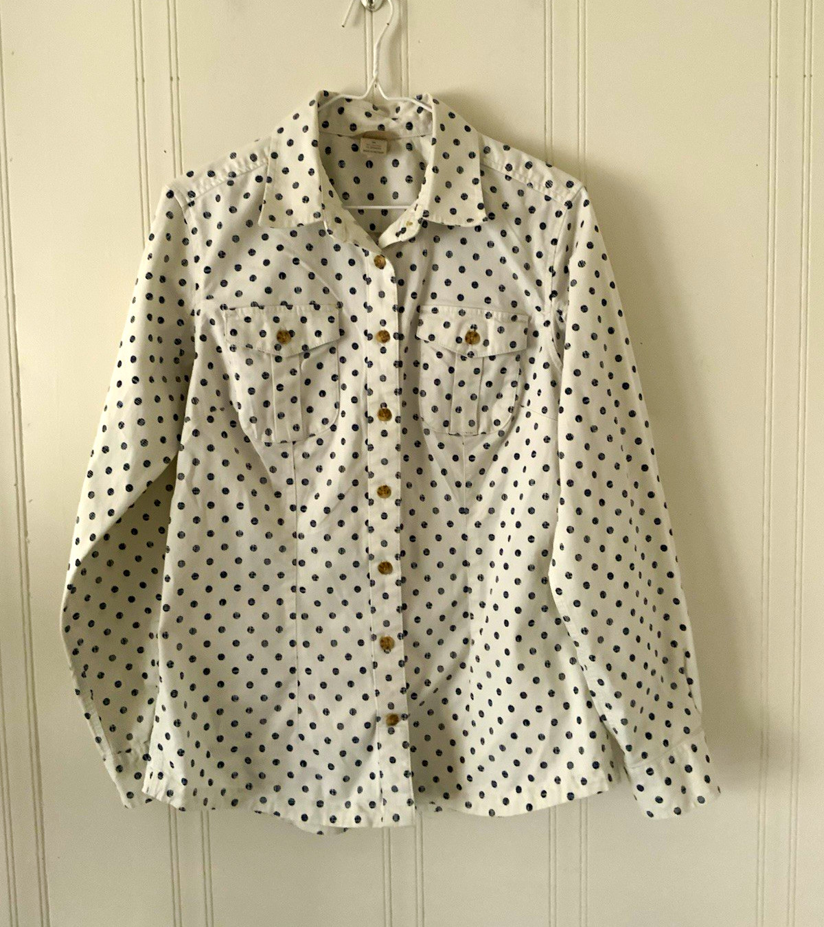 Duluth Trading Co Regular M Cotton/Spandex White/Blue Polka Dot LS Pockets