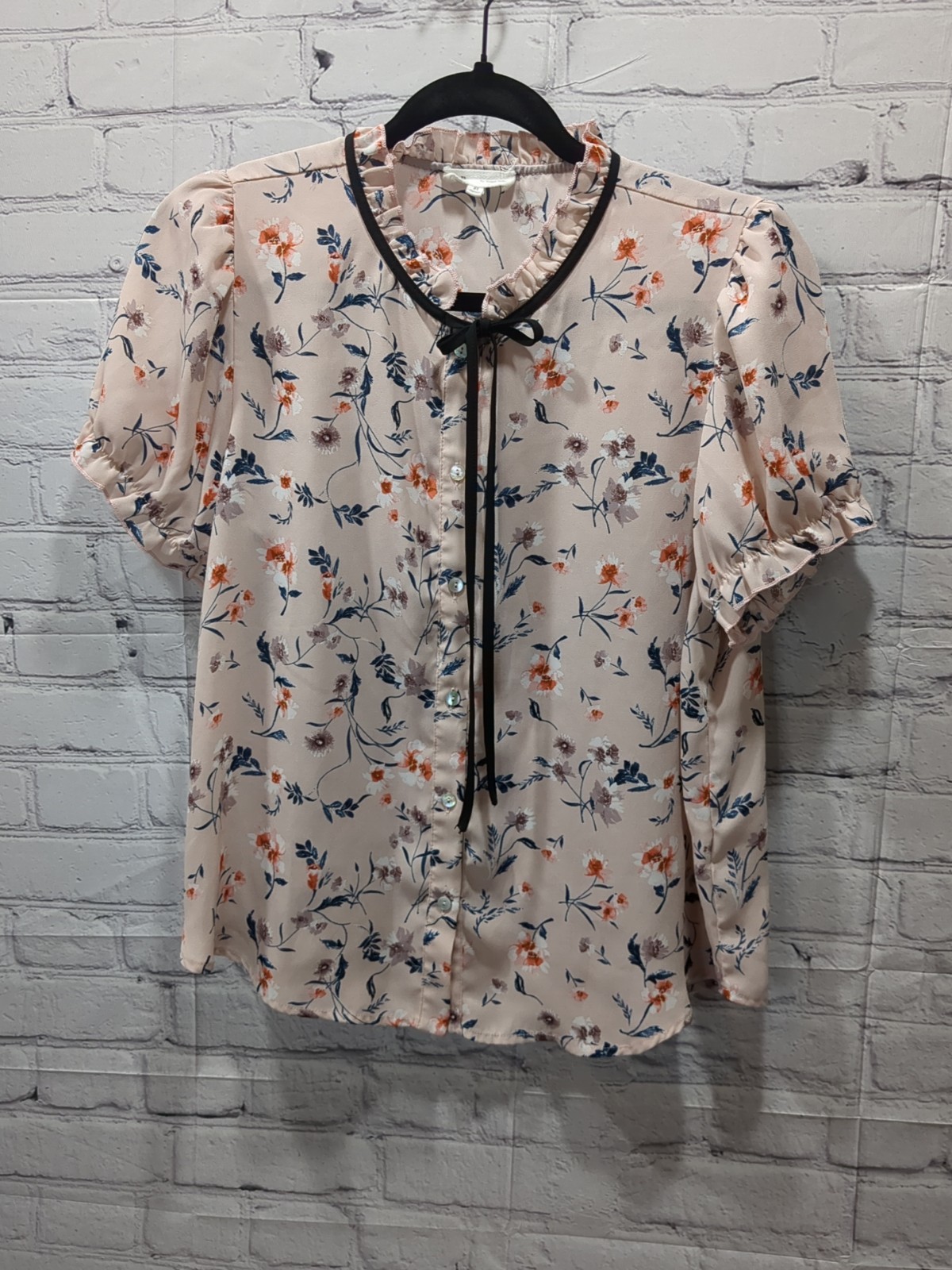 Women’s S.R. Medium Button Up Tie Neck Balloon Sleeve Blouse Shirt