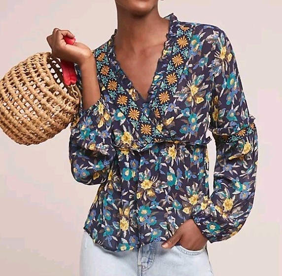 Meadow Rue Anthropologie Strasser Embroidered Blouse Beaded Top S Blue Yellow