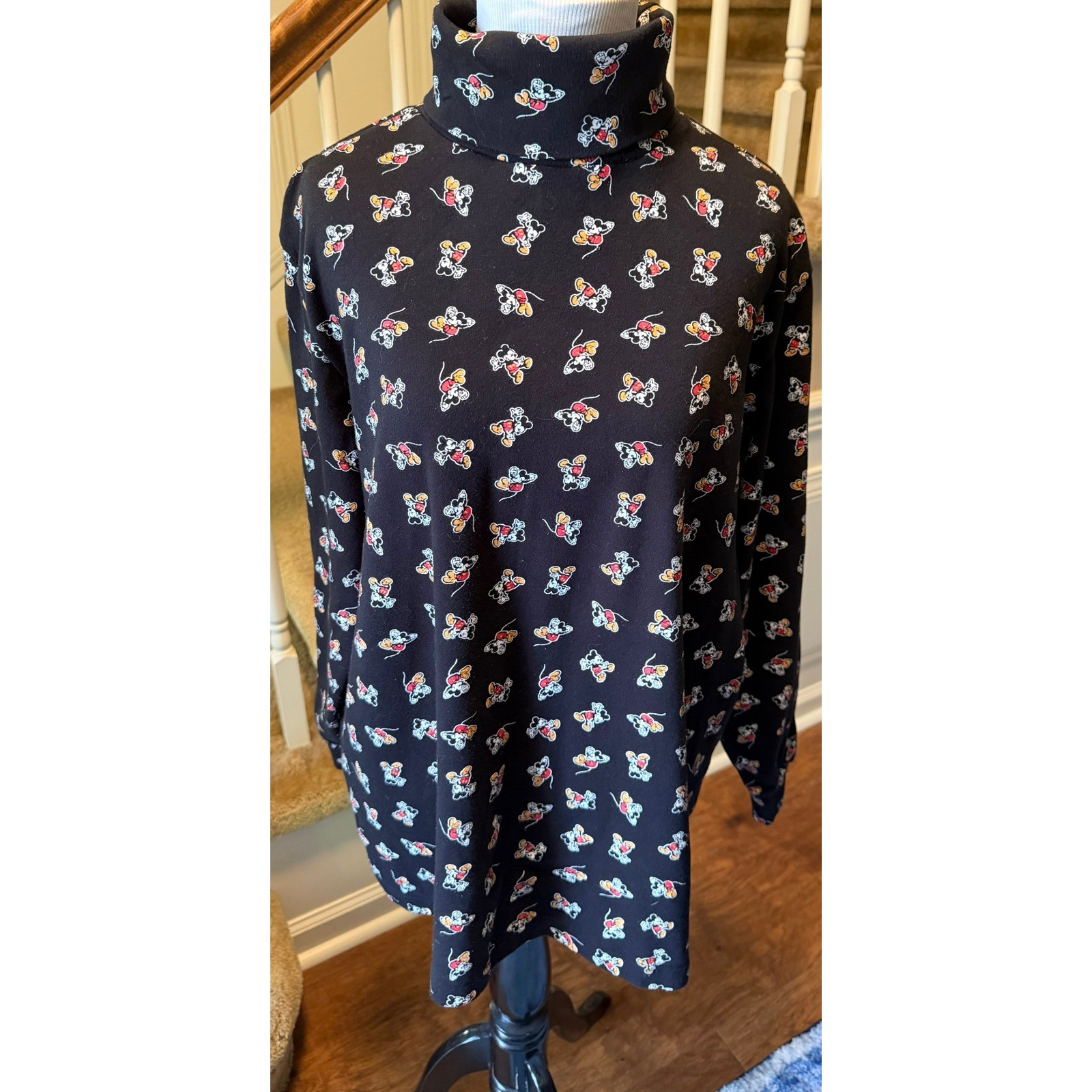 Vintage Mickey & Co Disney Mickey Mouse All Over Print Turtleneck Top Black XL
