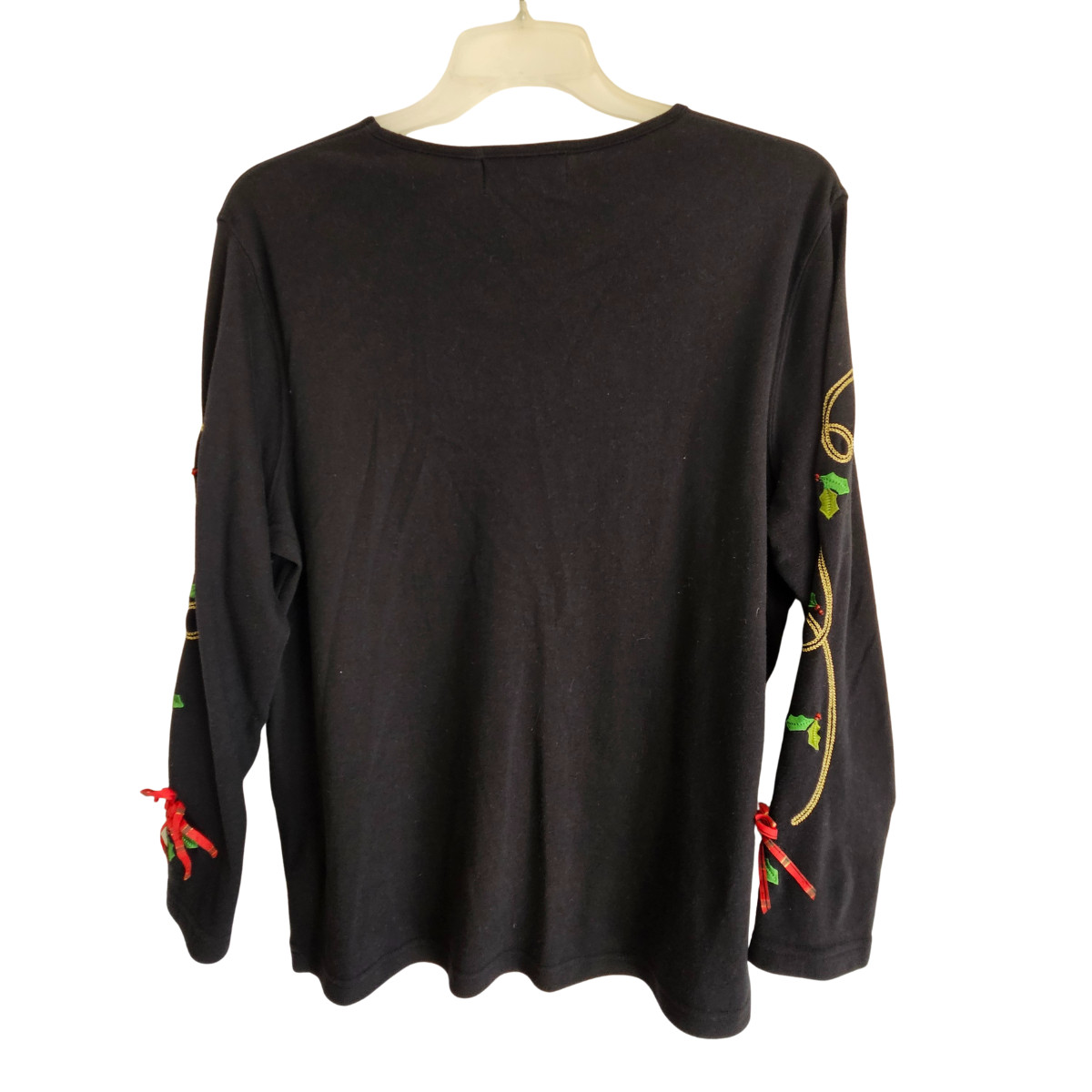 Hampshire Studio Snow Christmas Top Women XL Black Long Sleeve French Horn Holly