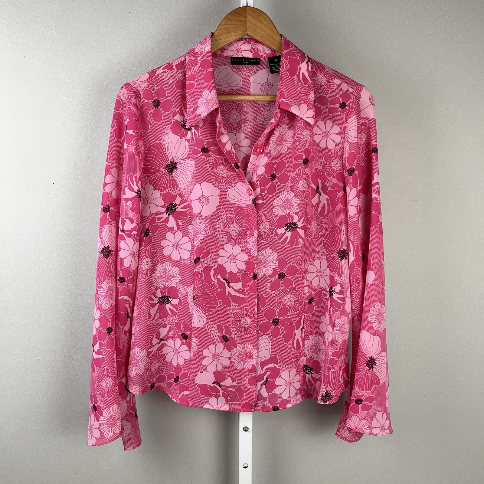 Apostrophe Petite Vintage Y2K Top Shirt Blouse Womens 14P Pink Floral Sheer