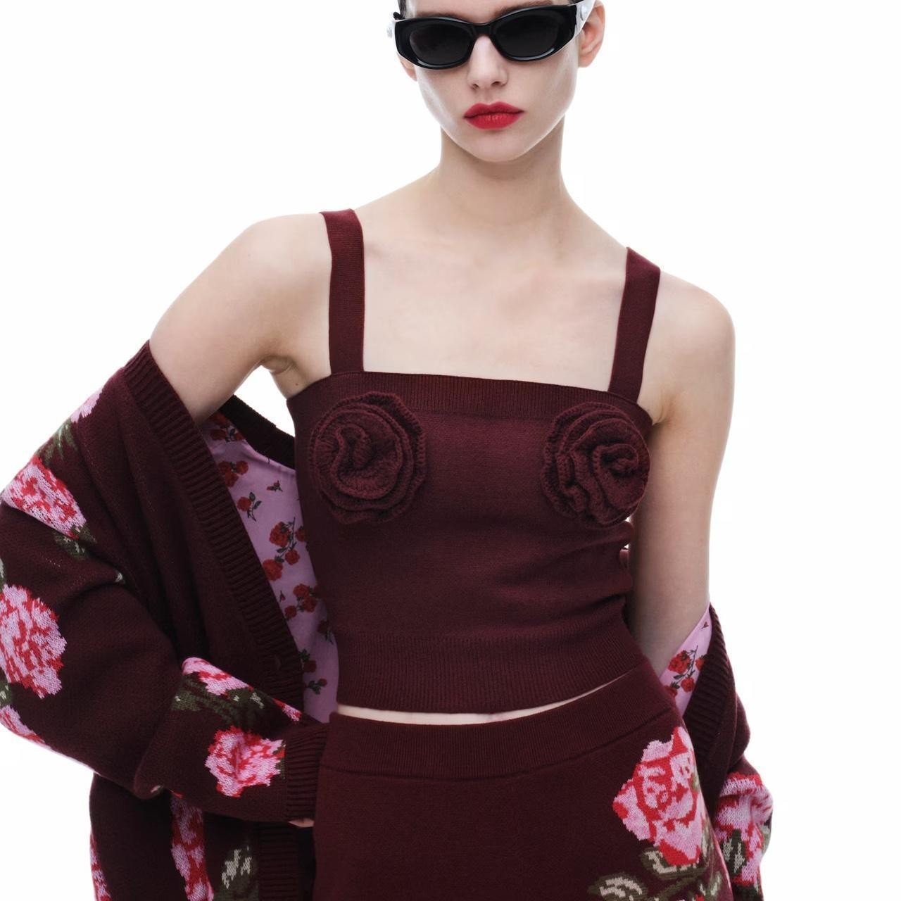 Magda Butrym Crop Top Size XXL Rose Applique Knit Sleeveless Burgundy H&M Collab