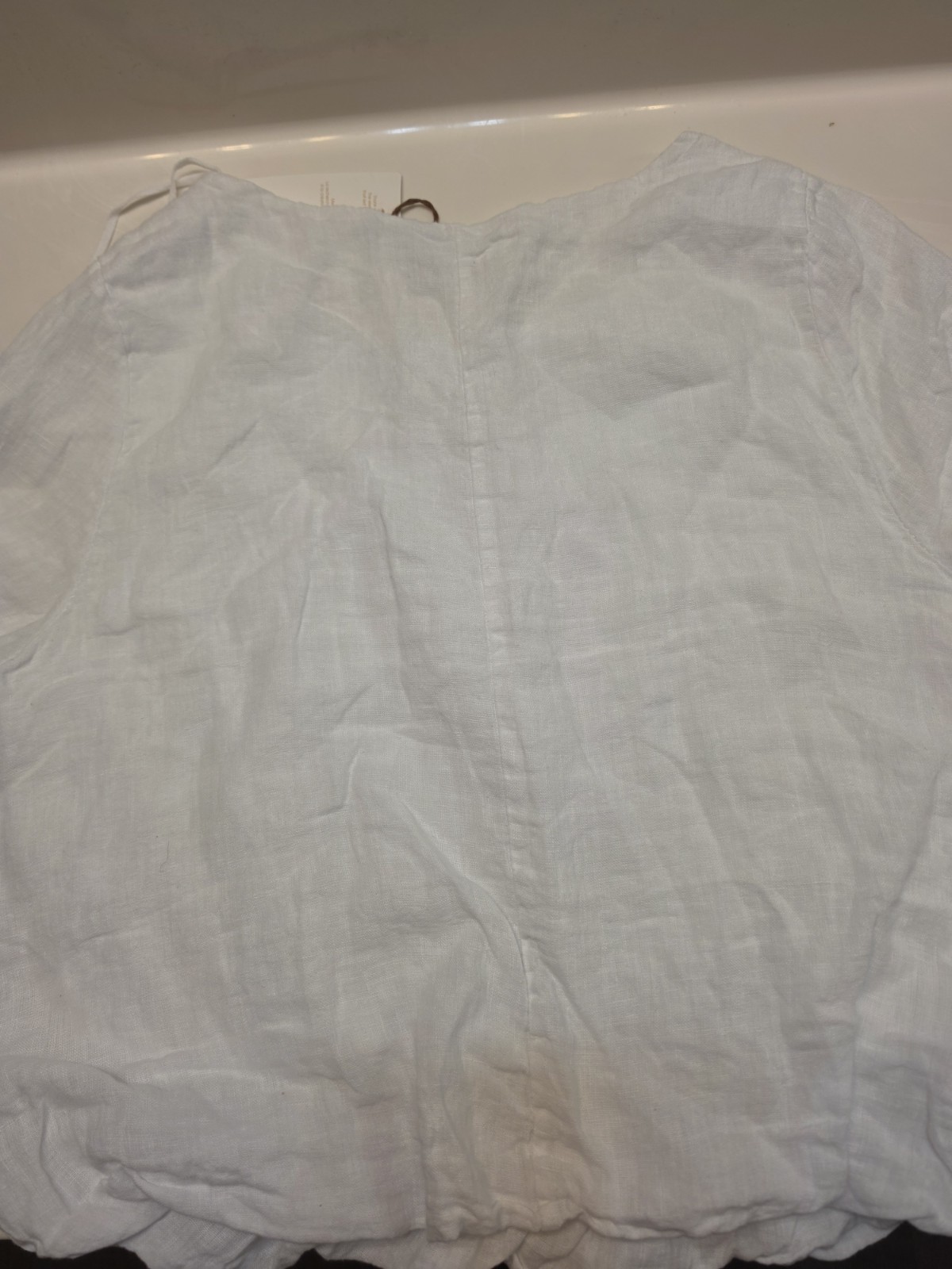 Spighe Di Lino White Solid 100% Linen Gathered Scoop Neck Blouse Women’s L