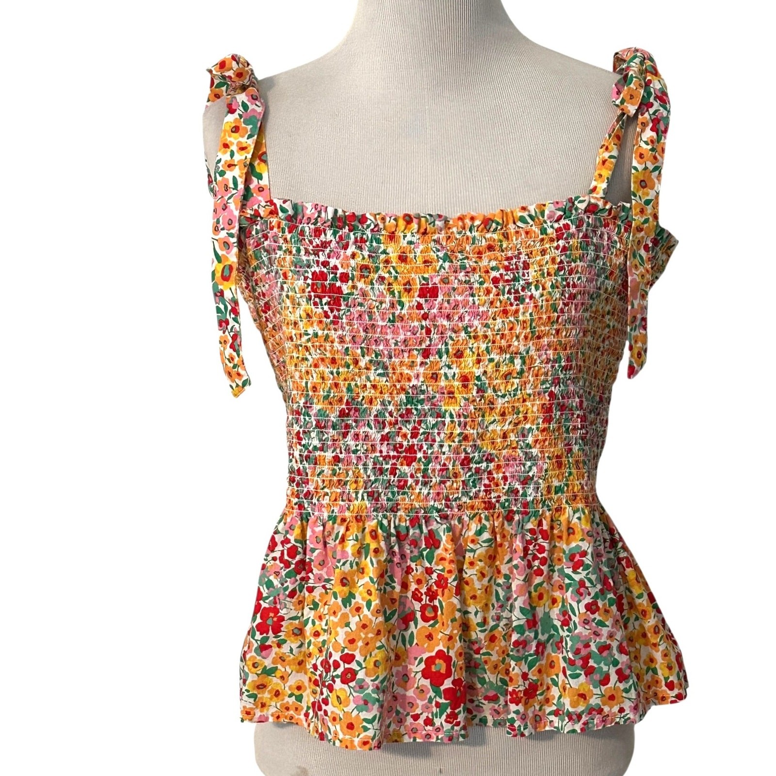 J. Crew Smocked Tie-Shoulder Tank Top Womens XL Yellow Floral Ruffled Top