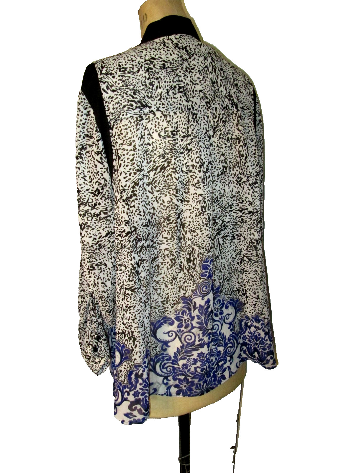 NICOLE MILLER BLACK/WHITE/PURPLE L/S TUNIC TI-BACK SLV SZ XL EXC COND! LITEWGT!