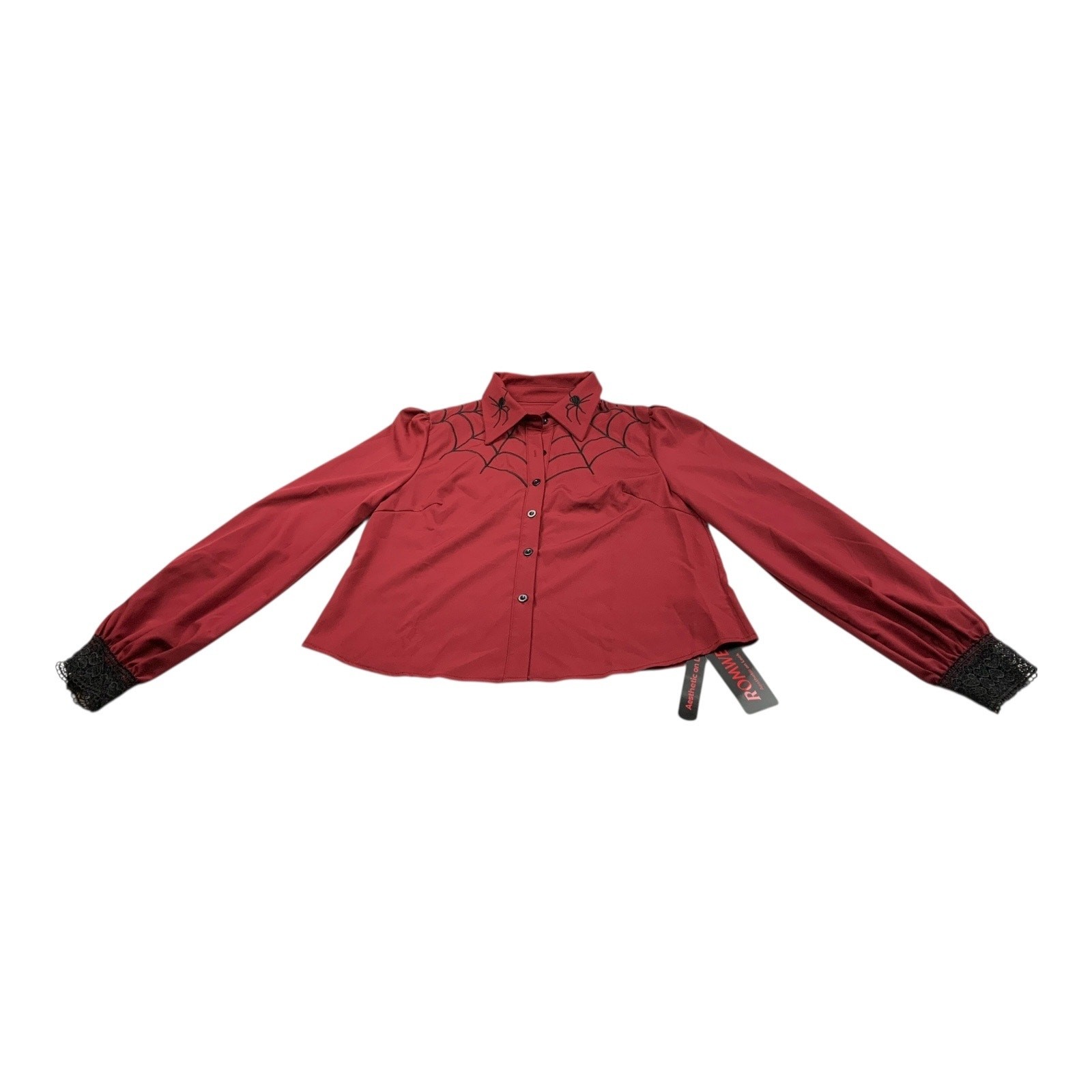 ROMWE Red Spider Web Gothic Button Front Blouse Lace Cuffs Size S NWT