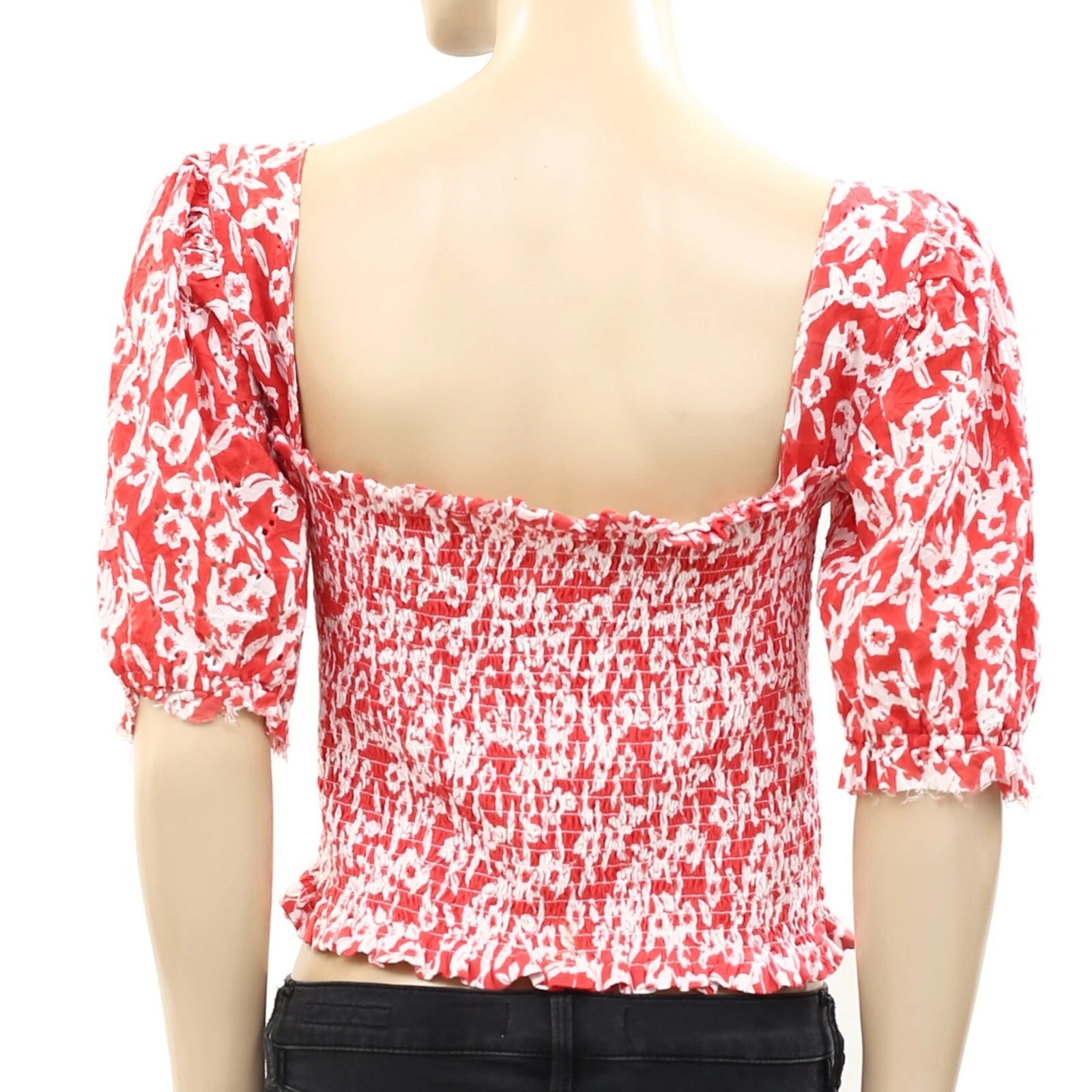 Anthropologie Smocked Eyelet Cropped Blouse Top Floral Embroidered XXS