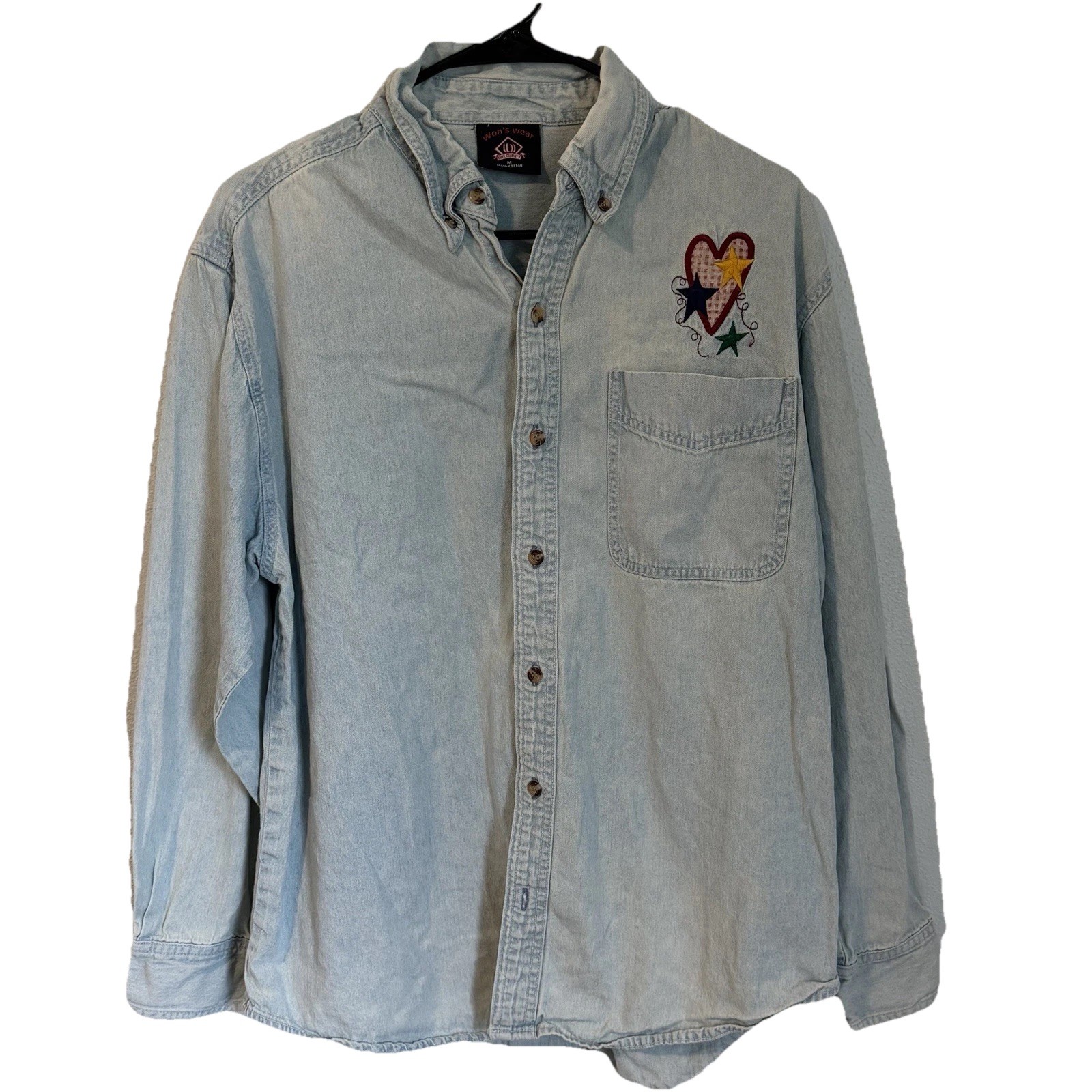 Vintage Denim Shirt Womens M Light Wash Heart Star Embroidery Western Cowgirl