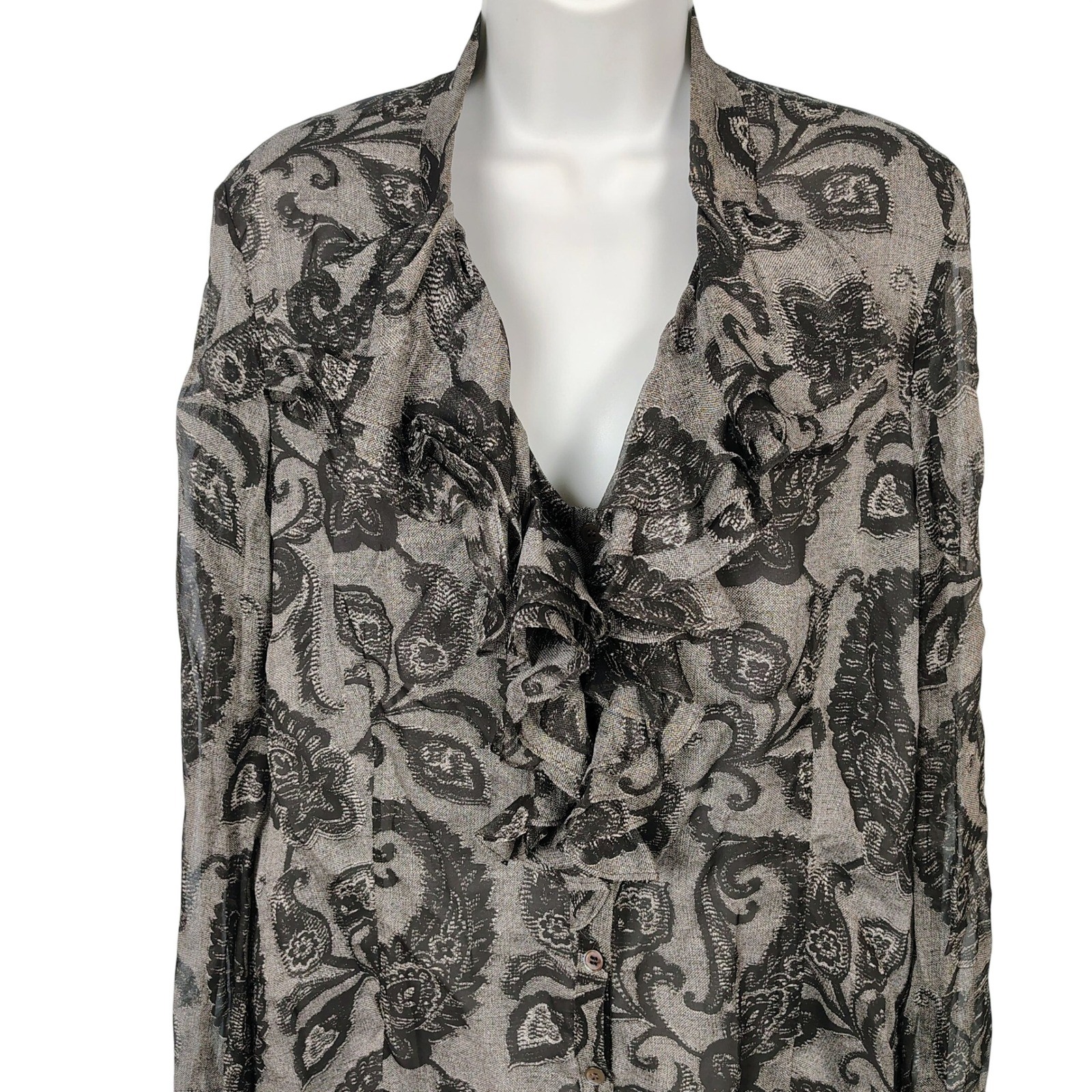 Lafayette 148 New York 100% Silk Paisley Ruffle Blouse Grey Black Size 12