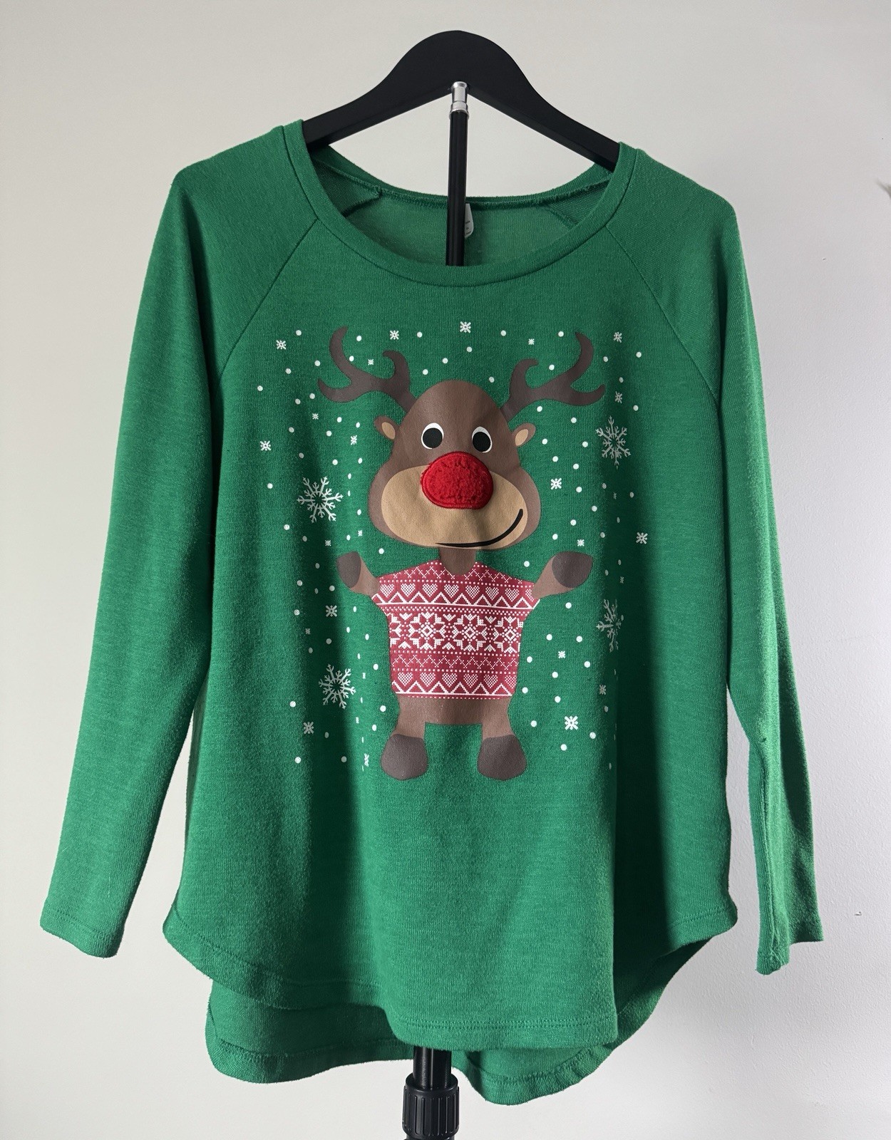 Green Christmas Holiday Rudolph Reindeer M (8-10) Thin Sweater Shirt Top
