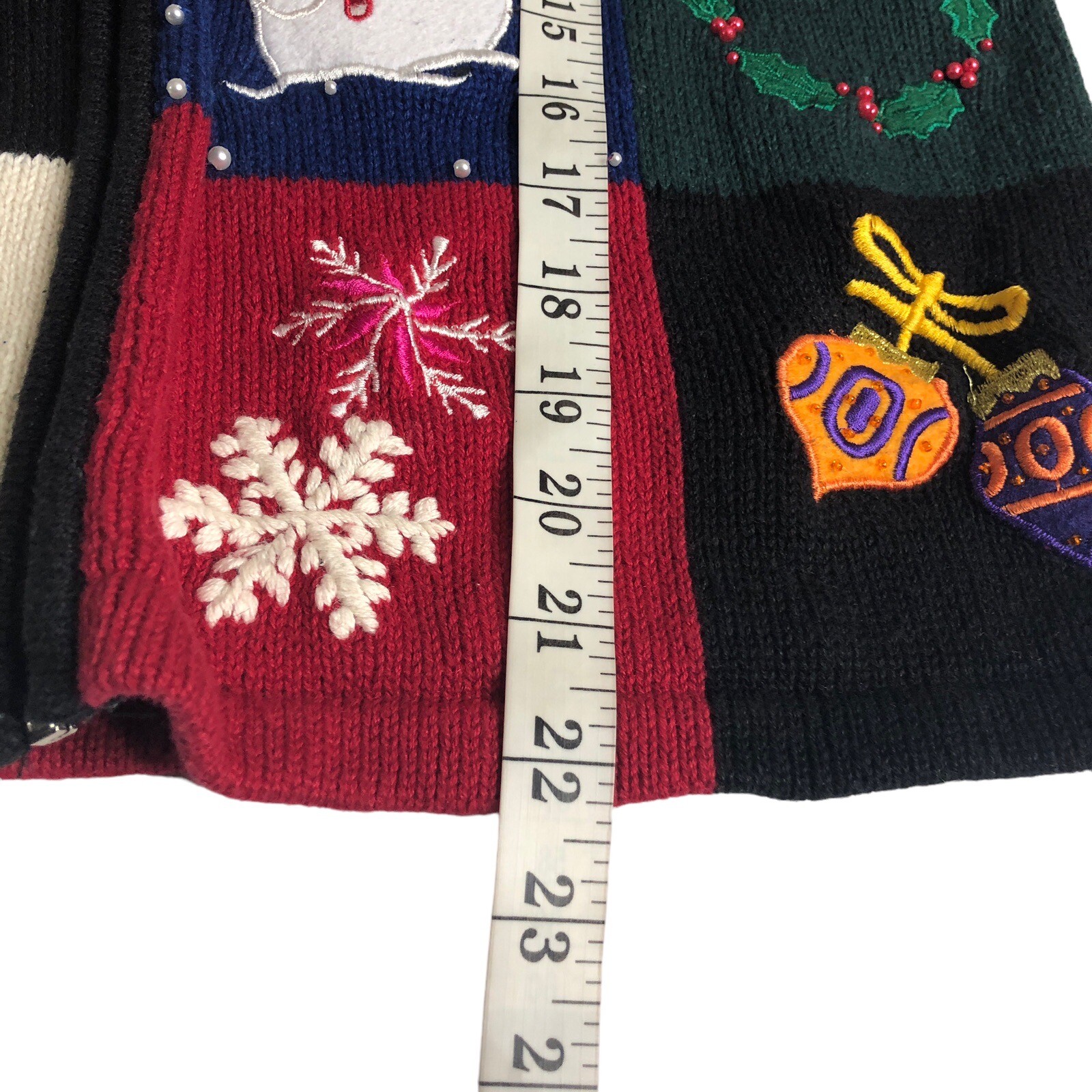 Vintage Dressbarn Christmas Cardigan Sweater Women L Knit Patchwork Sequin Zip
