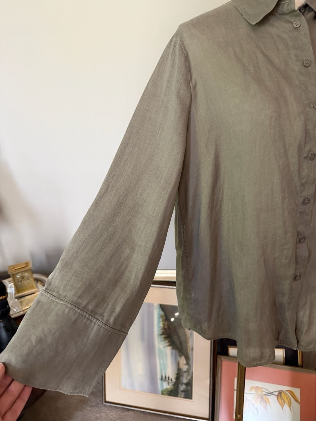 COS 100% Linen Gray Taupe Button Down Shirt Blouse Size