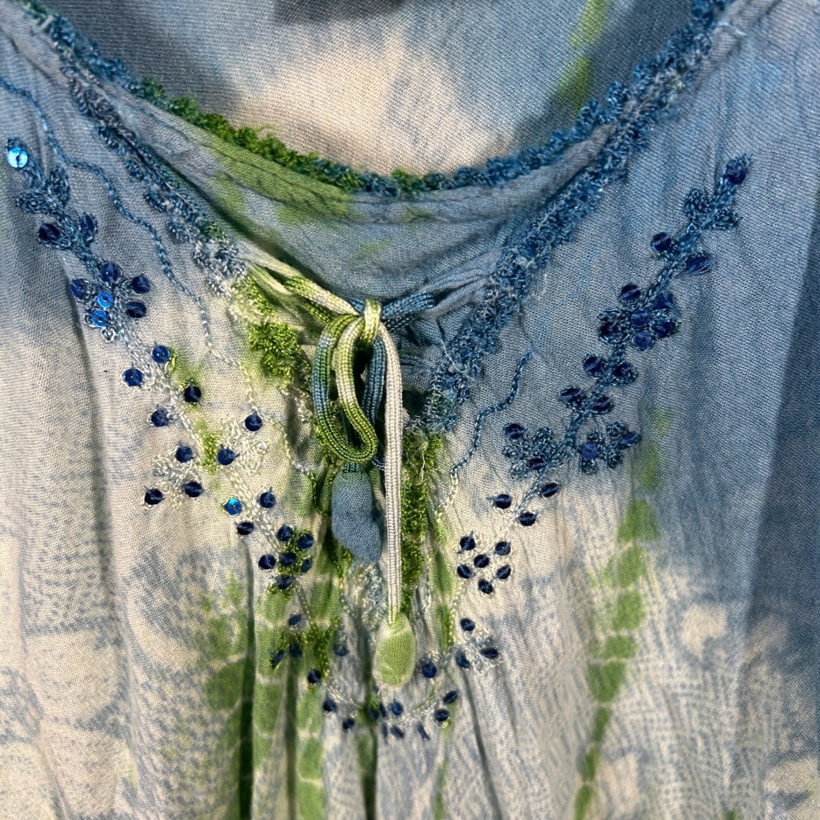 Sakkas Boho Tie Dye Embroidered Beaded Tunic Top Beach Plus Size Blue Green