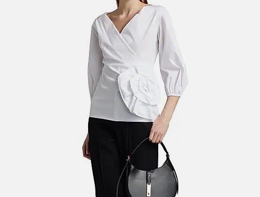 Chiara Boni Women White Elizee Rosette-Waist Cotton Faux-Wrap Top Size 38