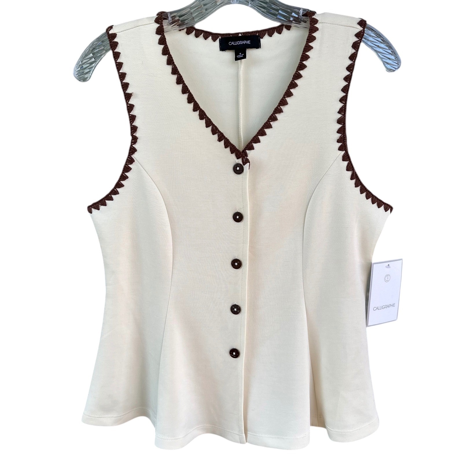 Calligraphie Cream Brown Crochet Trim Button Front Peplum Vest Top Small NWT