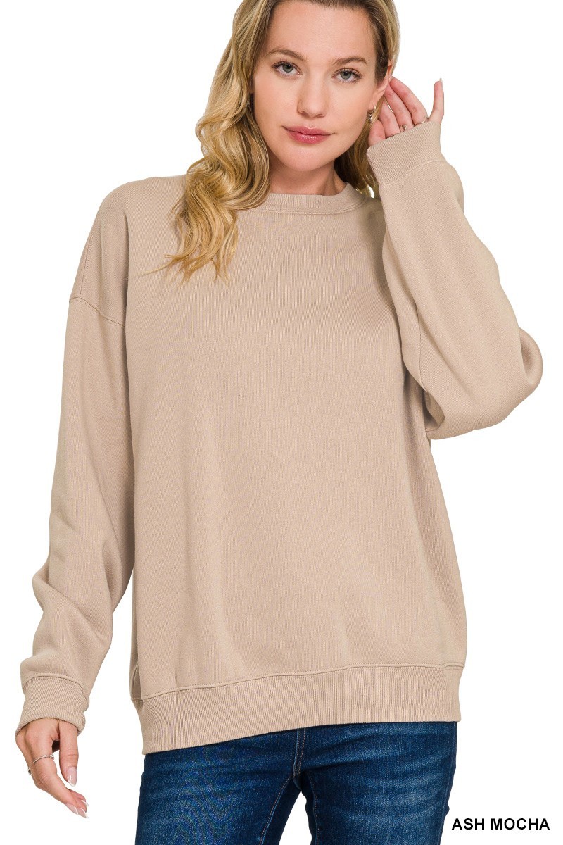 ZENANA ASH MOCHA FLEECE CREWNECK PULLOVER SWEATSHIRT POLY/COTTON