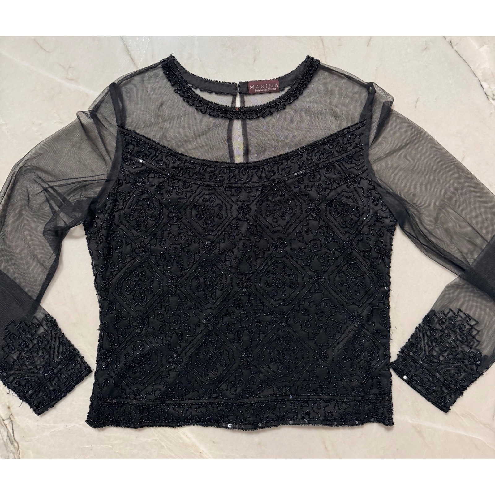 Marina by Marina Rinaldi Black Beaded Sequin Sheer Mesh Evening Blouse Sz 8 VTG