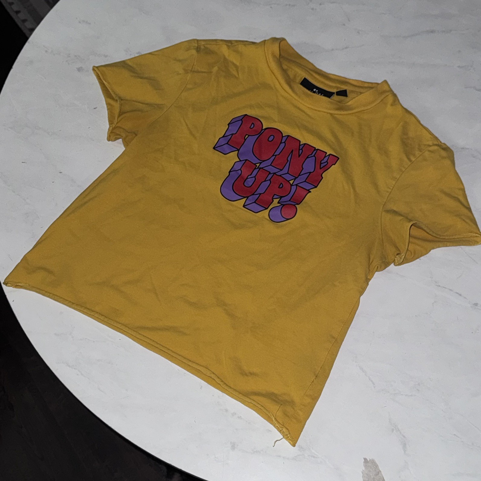 Lazy Oaf Pony yellow graphic tee size 8 crop raw edge