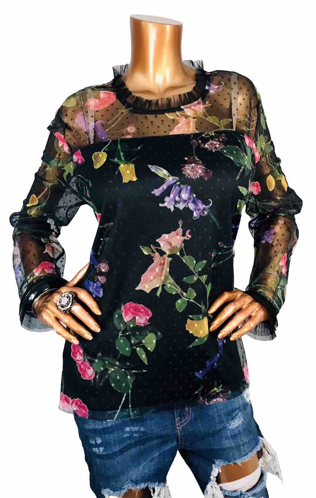 52seven XXL Top Stretch Mesh Blouse Black Floral NWT $59 Dots Long Sheer Slvs