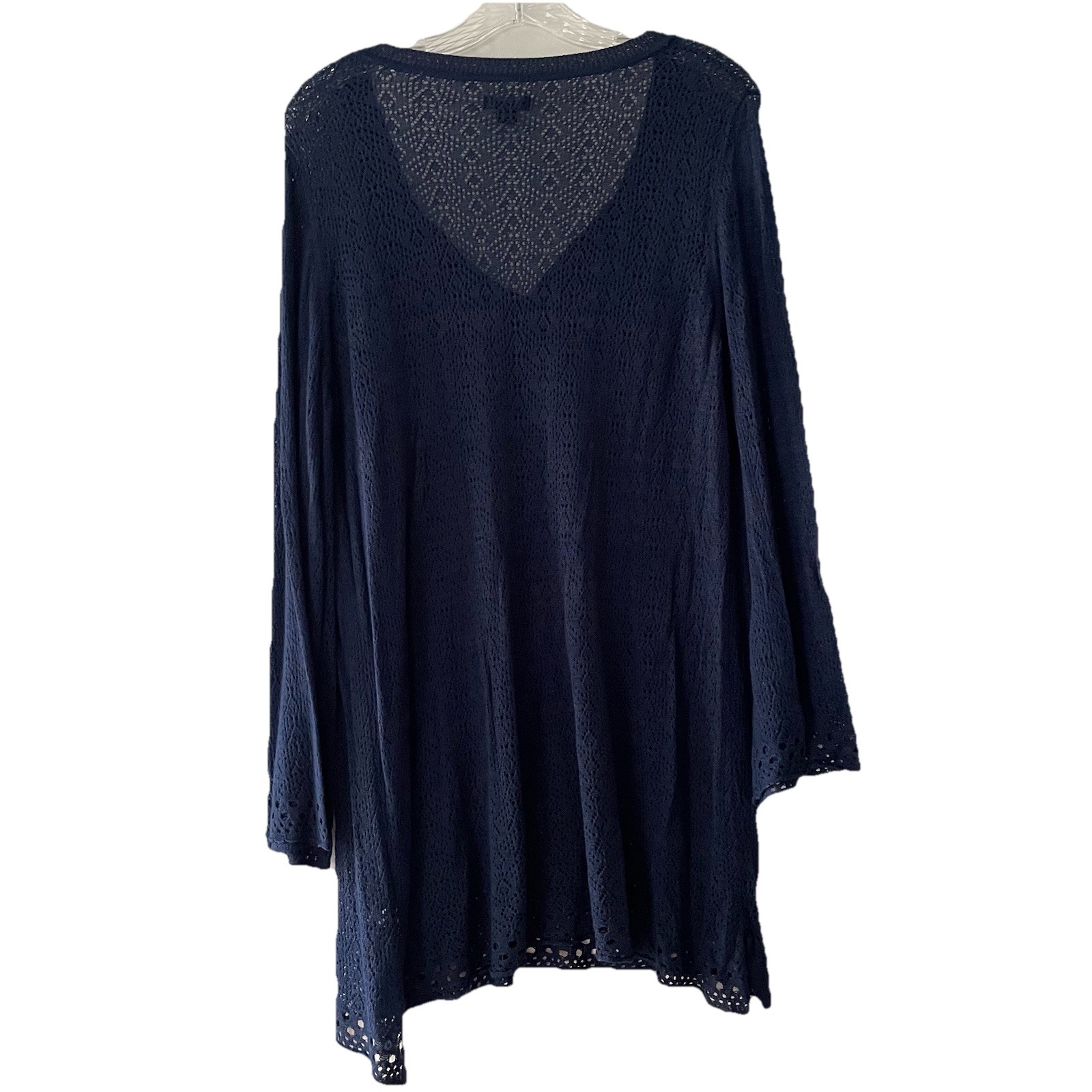 New Directions Women Large Midnight Blue Shimmer Crochet Open Knit Tunic Top