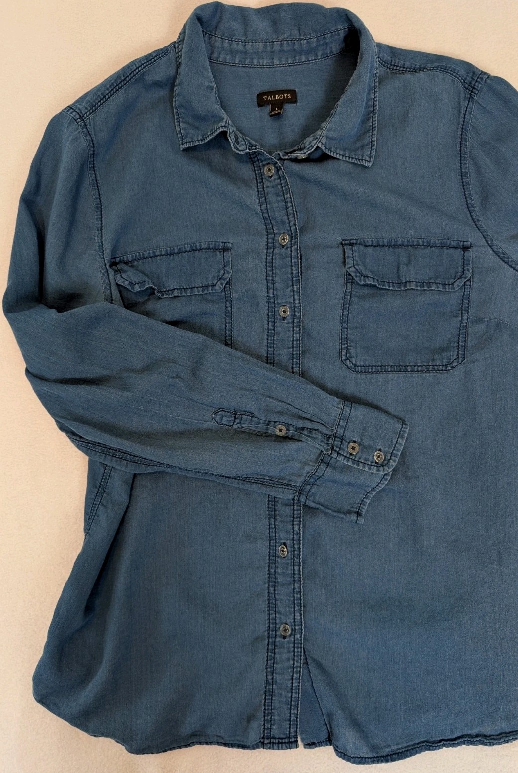 Talbots Button Up Blouse Cotton Large Blue Top Light Weight Breathable Pockets