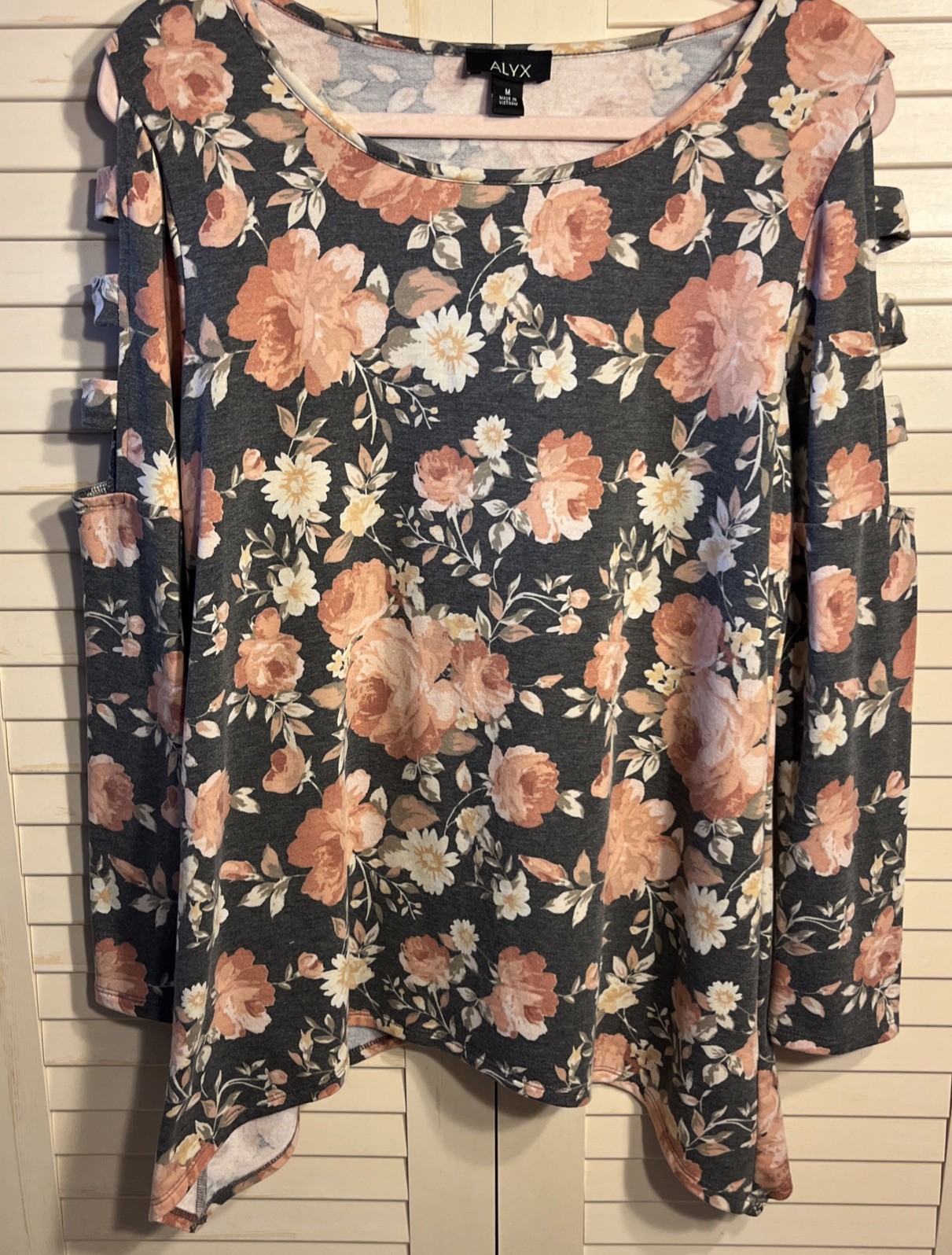 Women’s Alyx Top Gray and Pink Floral Long Sleeve With Decorative Straps Size M