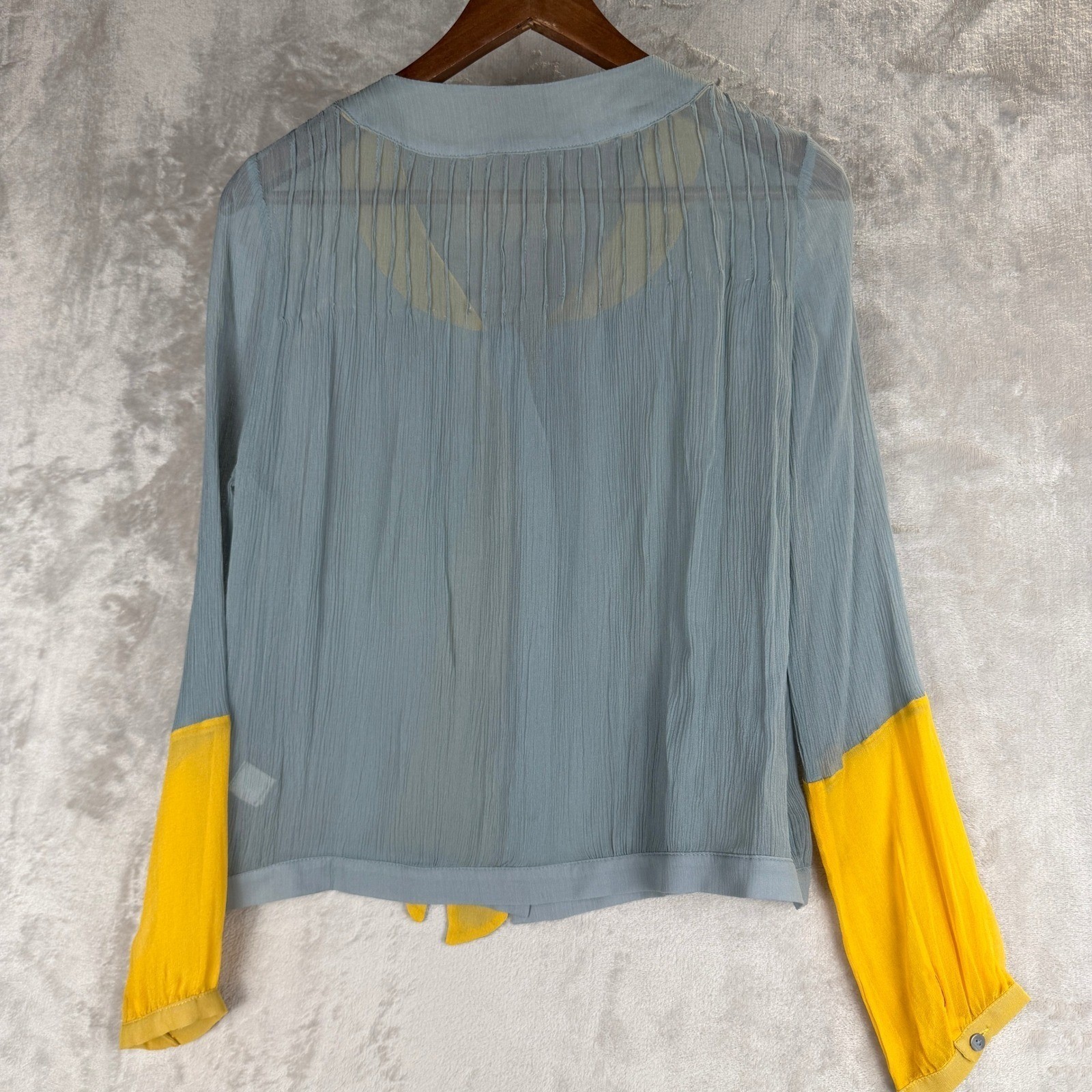 Silk Tie Neck Crinkle Blouse Blue Yellow Colorblock Pintuck Sheer Top AT321