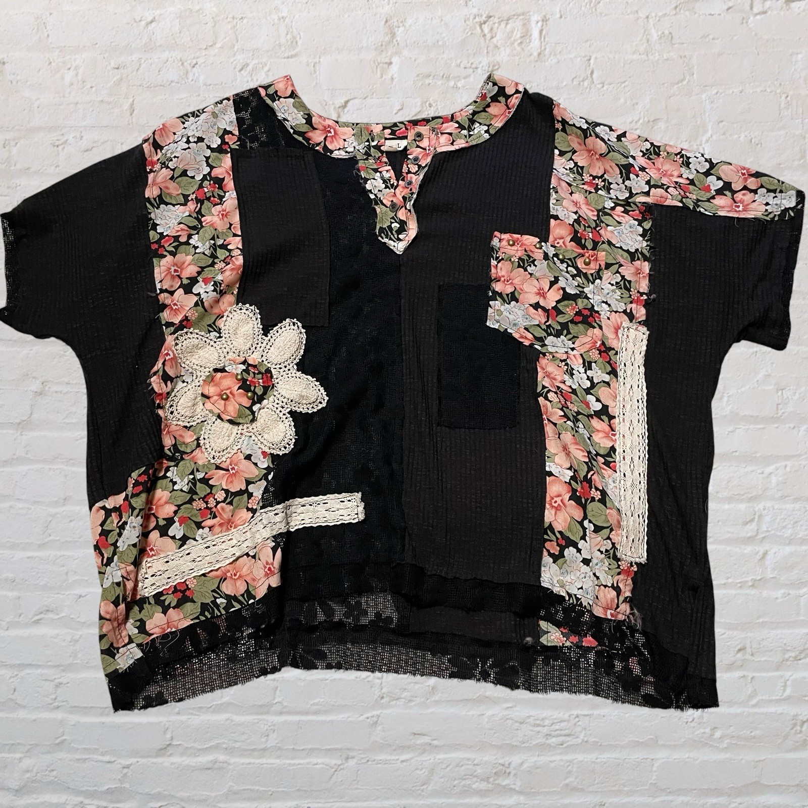 POL patchwork black floral boho hippie oversize top S crochet grunge studs lace
