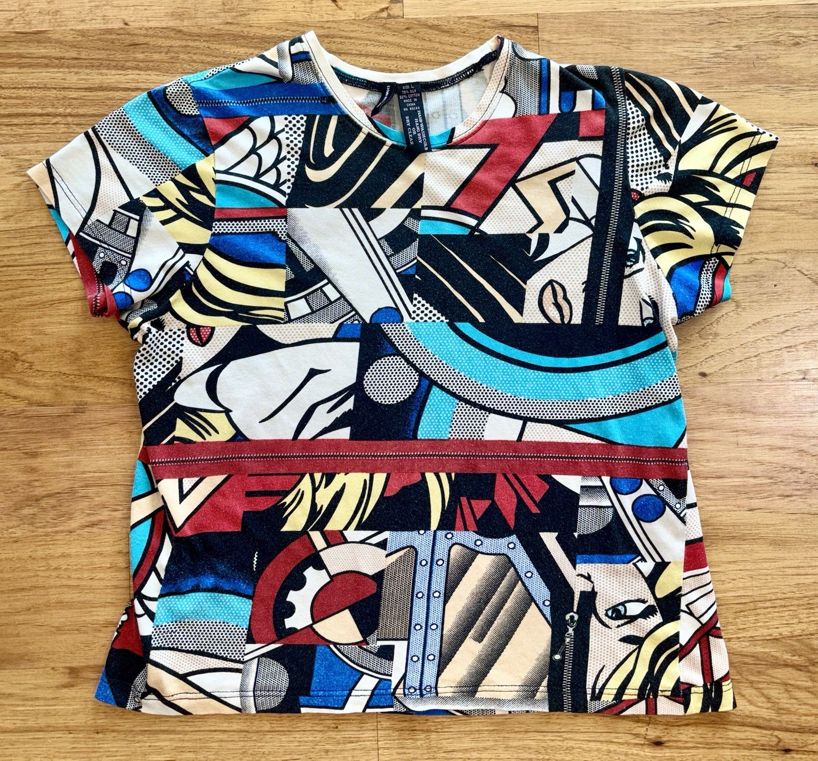 Lynn Ritchie Pop Art Comic Graphic Y2K 90s Colorful Silk Cotton T-Shirt Size L