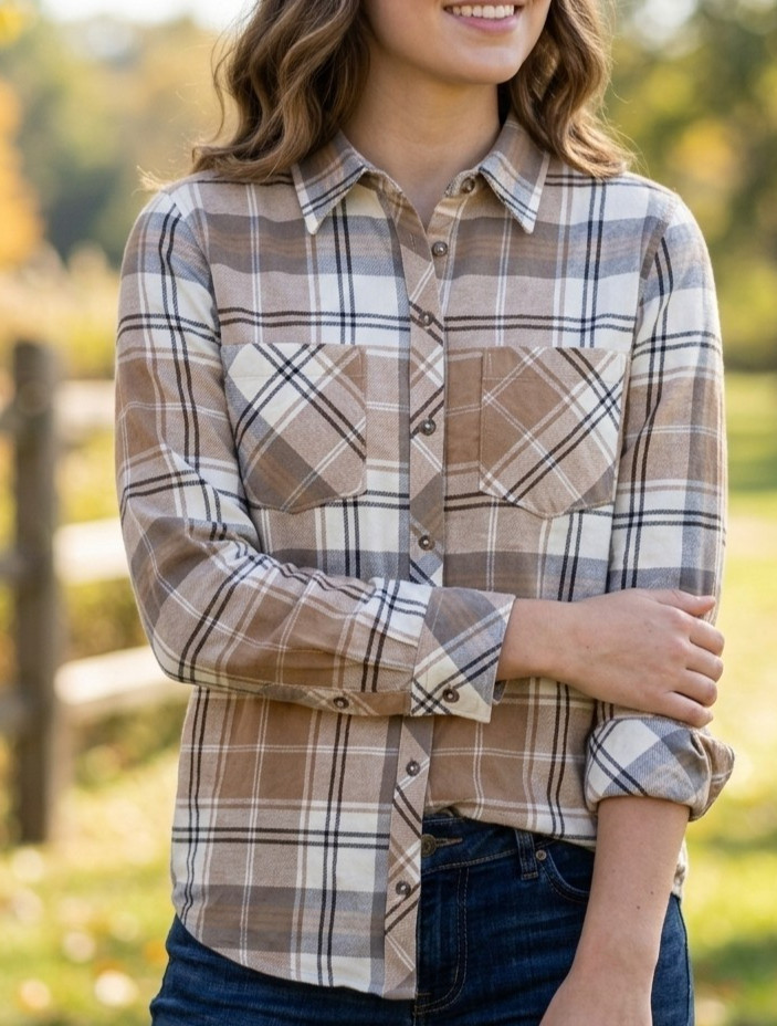 Natural Reflections Brown Plaid Button Down Flannel Shirt Womens Medium
