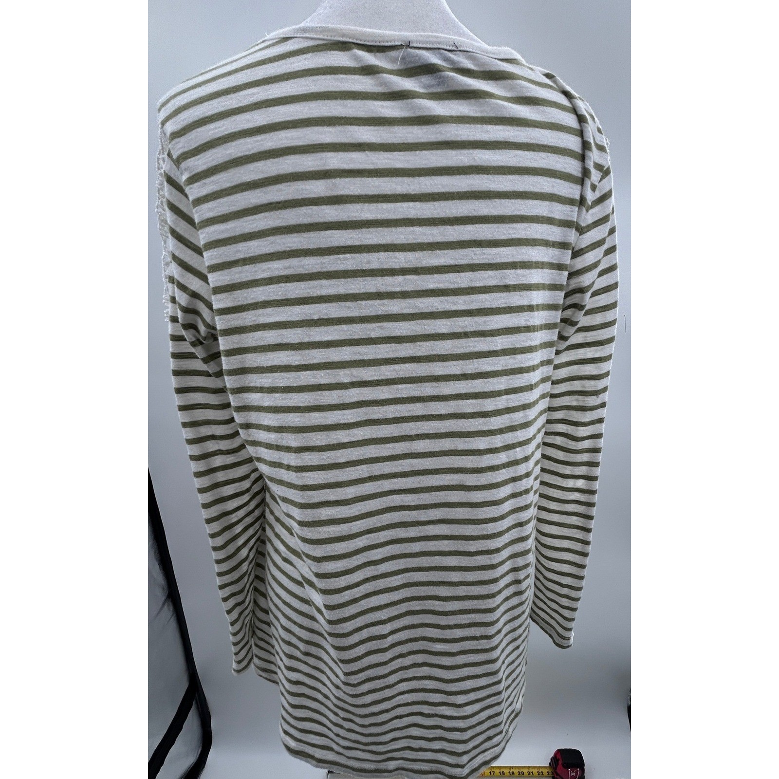 Womens Olive Green White Striped Long Sleeve Top Lace Crochet Detail Crew Neck