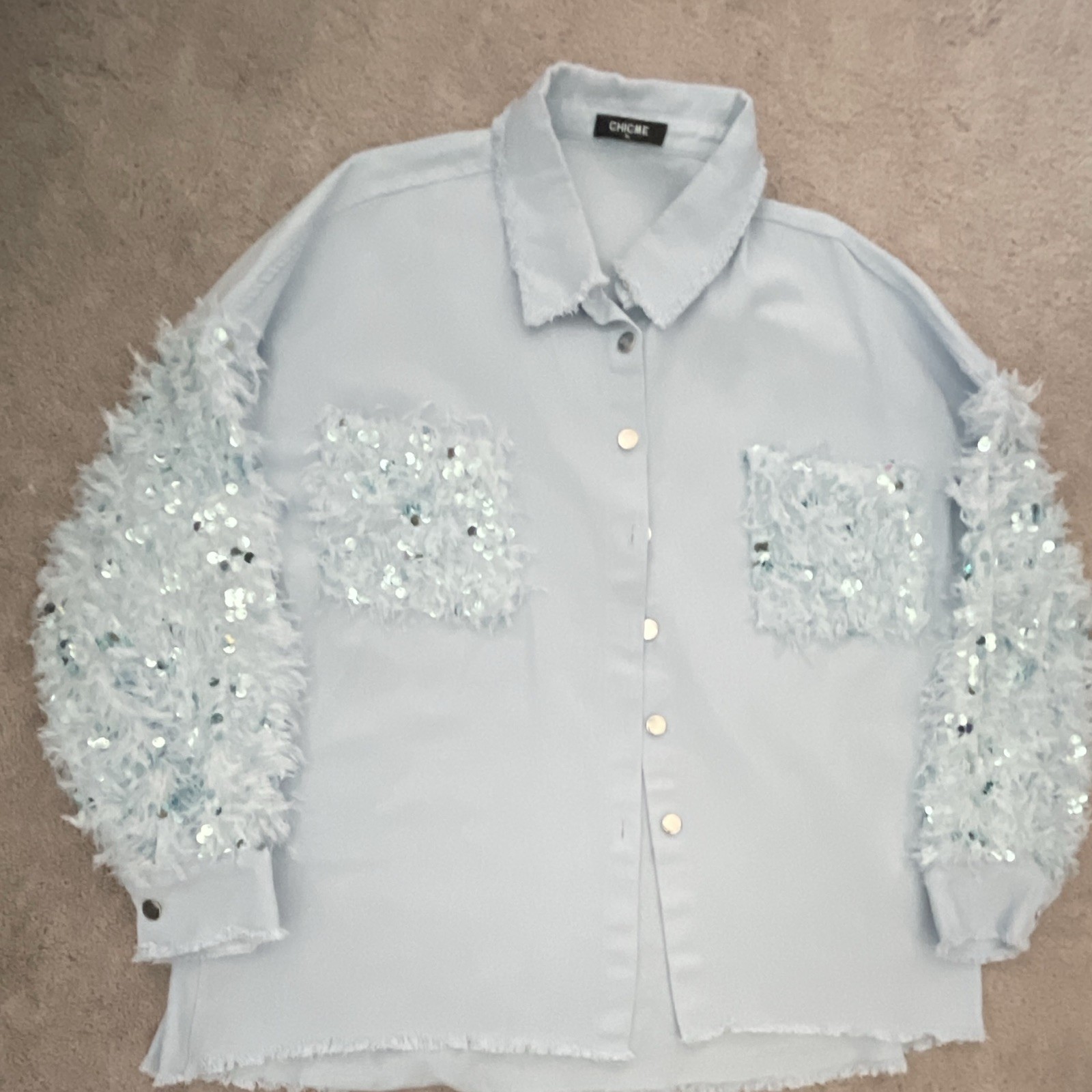 CHICME Women’s XL Blue Collared Button-Up Blouse Long Sleeve Sequin Sleeves