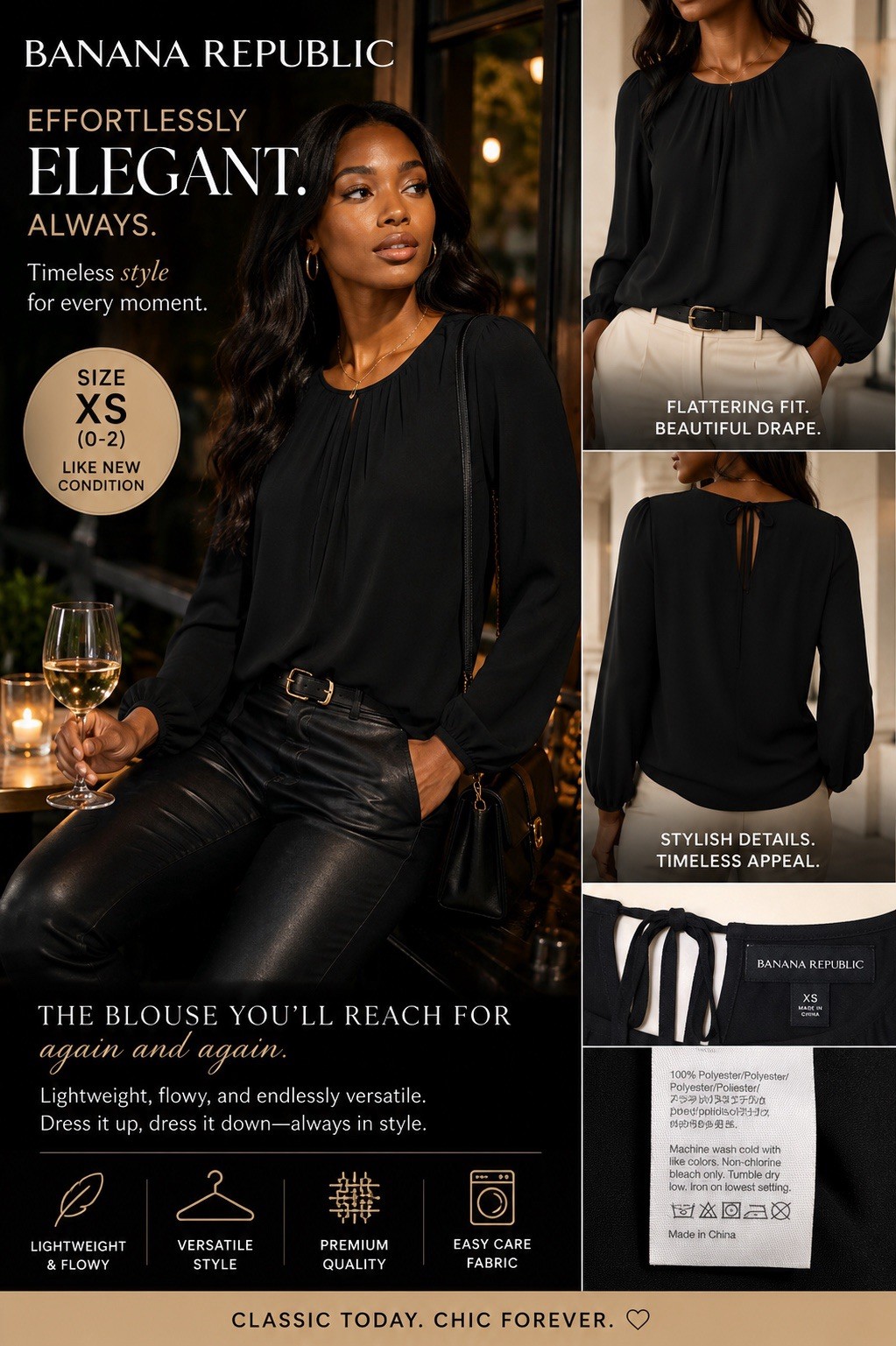 J.CREW Black Chiffon Lightweight Tie-Back Long Sleeve Round Neck Blouse 00