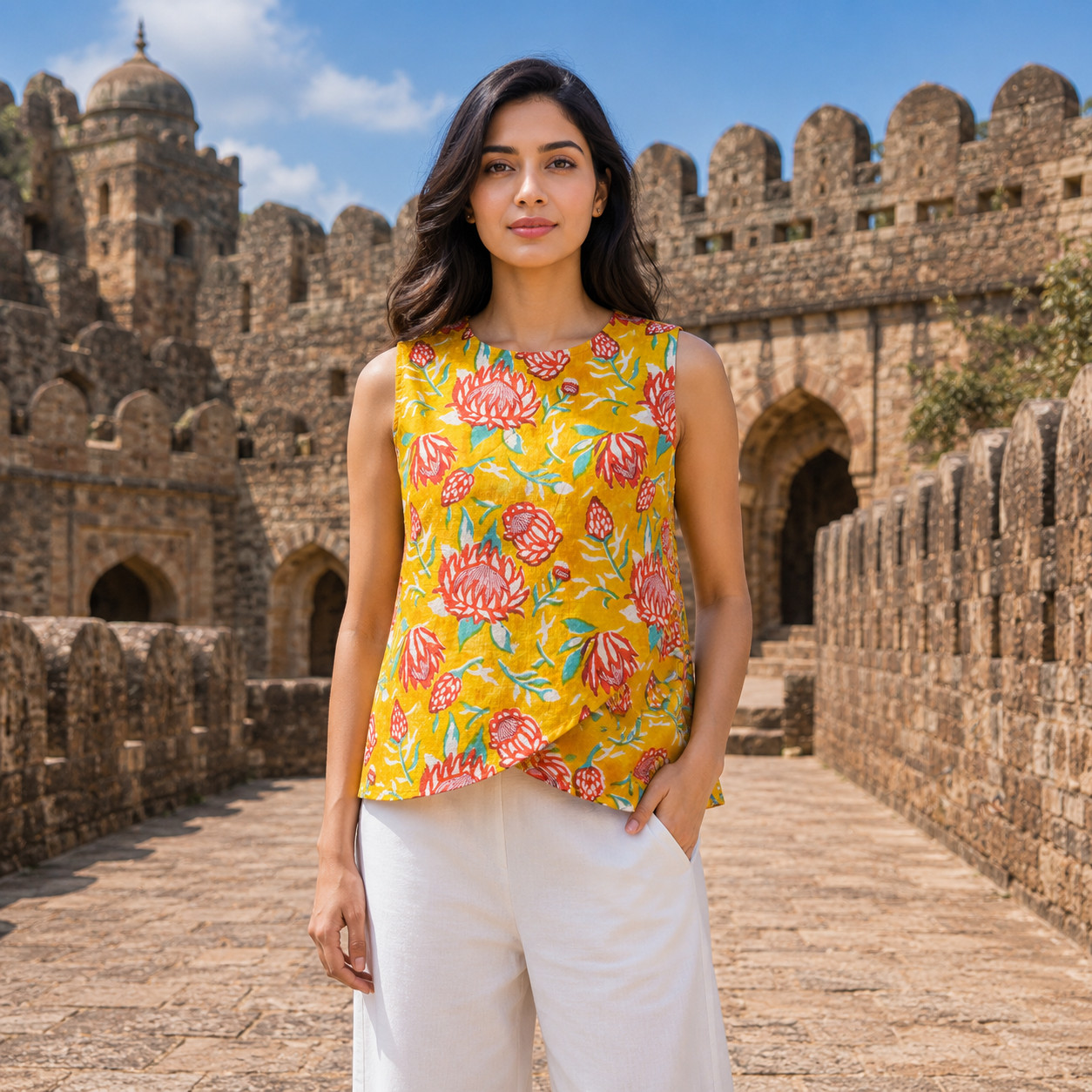 Womens Yellow Floral Cotton Top Sleeveless Asymmetrical Resort Summer Blouse -S