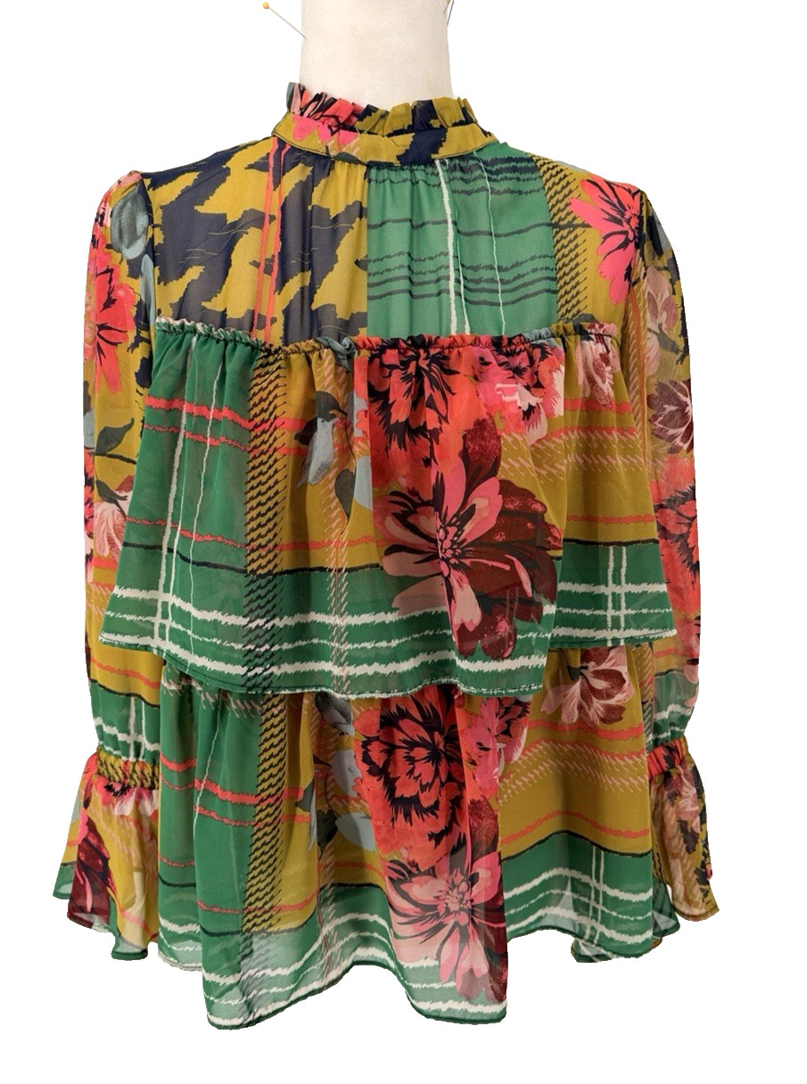 7TH AVENUE DESIGN STUDIO New York & Company-Multicolor Plaid/Floral Tiered Top-M