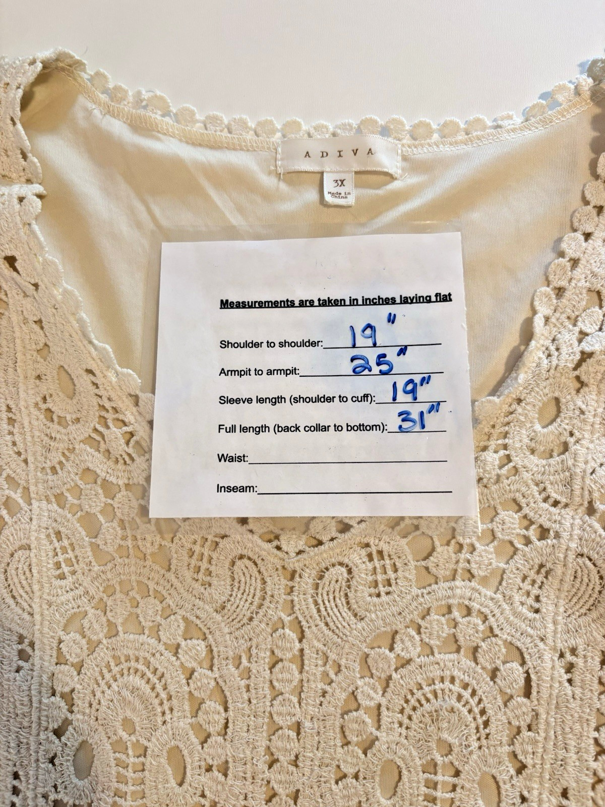 Ivory Crochet Lace Lined Tunic Top Size 3XL Boho Chic Romantic Feminine Hippie