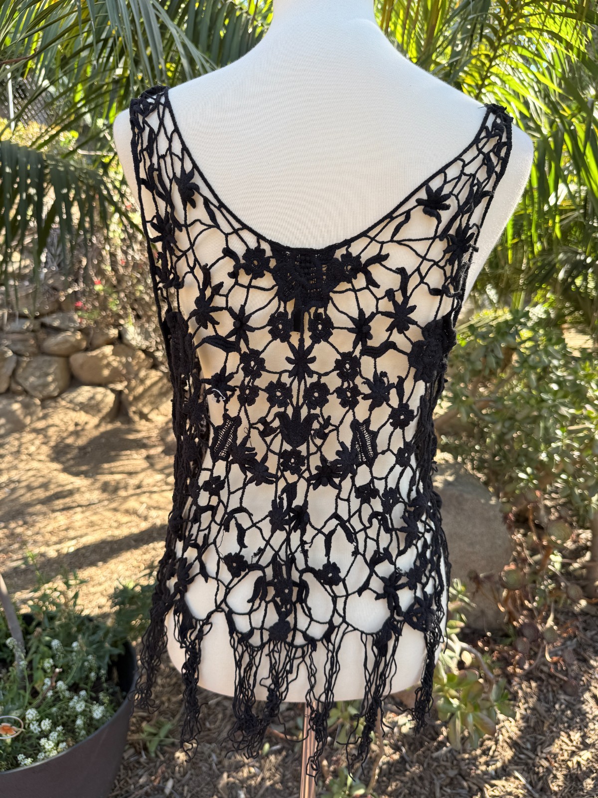 Black Fairy Grunge Whimsigoth Floral Open Knit Crochet Fringe Festival Top Sz S