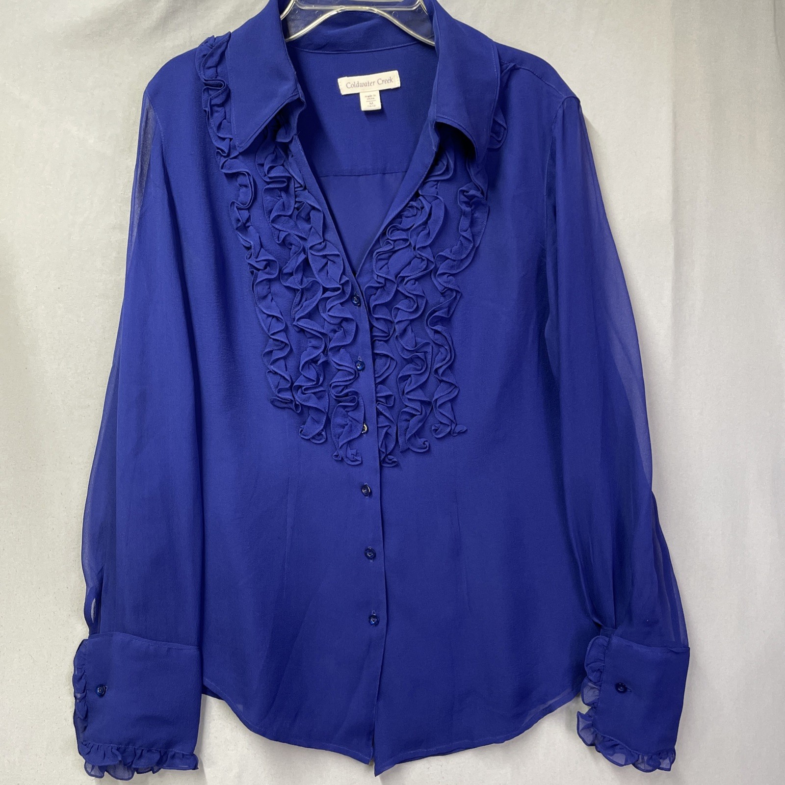 COLDWATER CREEK Royal Blue Ruffled Lined Blouse Wm’s Sz M (10-12) Button Front