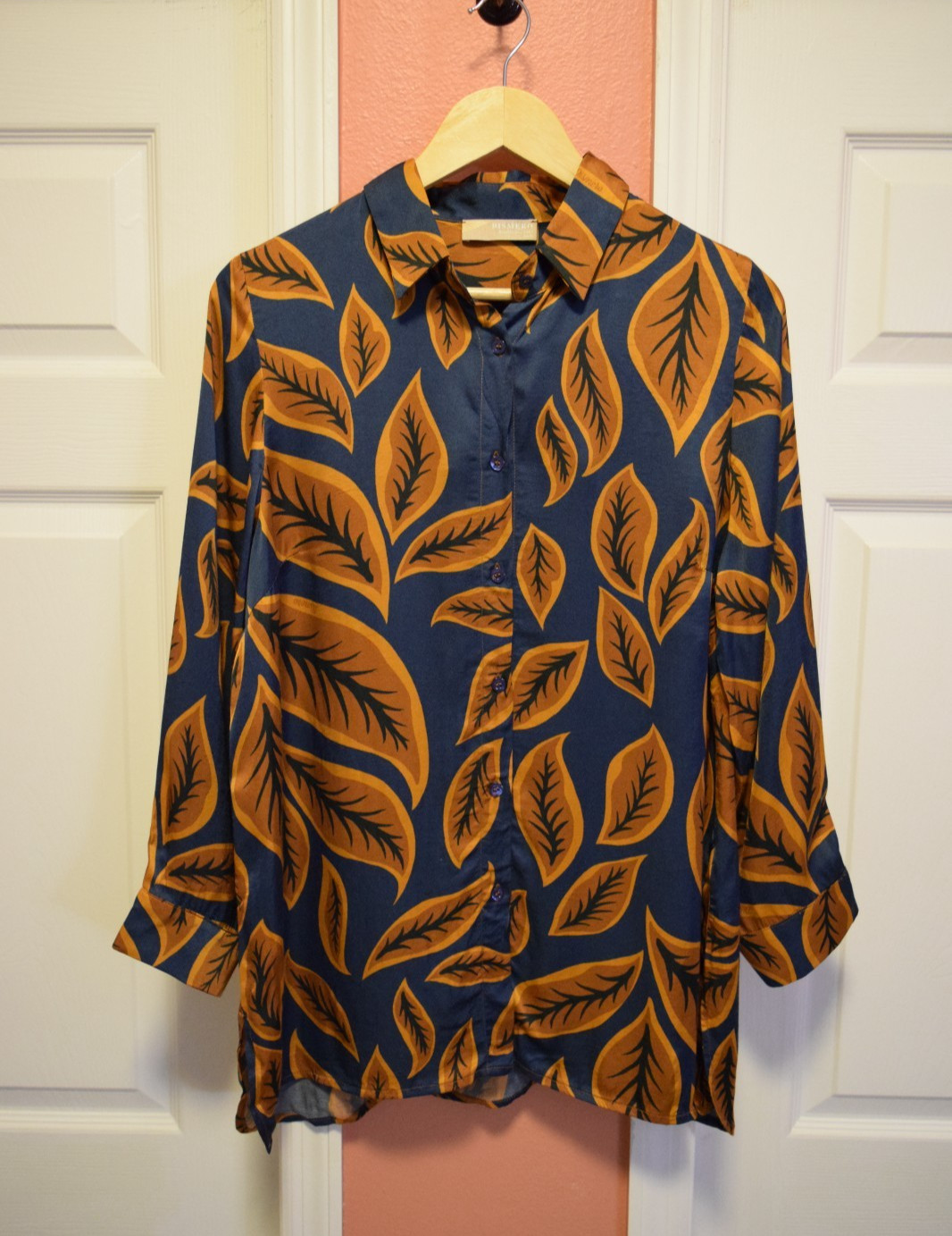 DISMERO Italian Satin Leaf Print Button Up Shirt Blouse Top Size XL