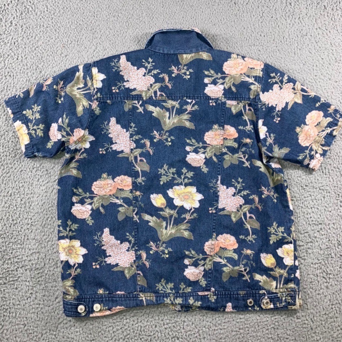 Vintage 90s Floral Denim Shirt Women L Button Up Retro Western S/S Rodeo Boho