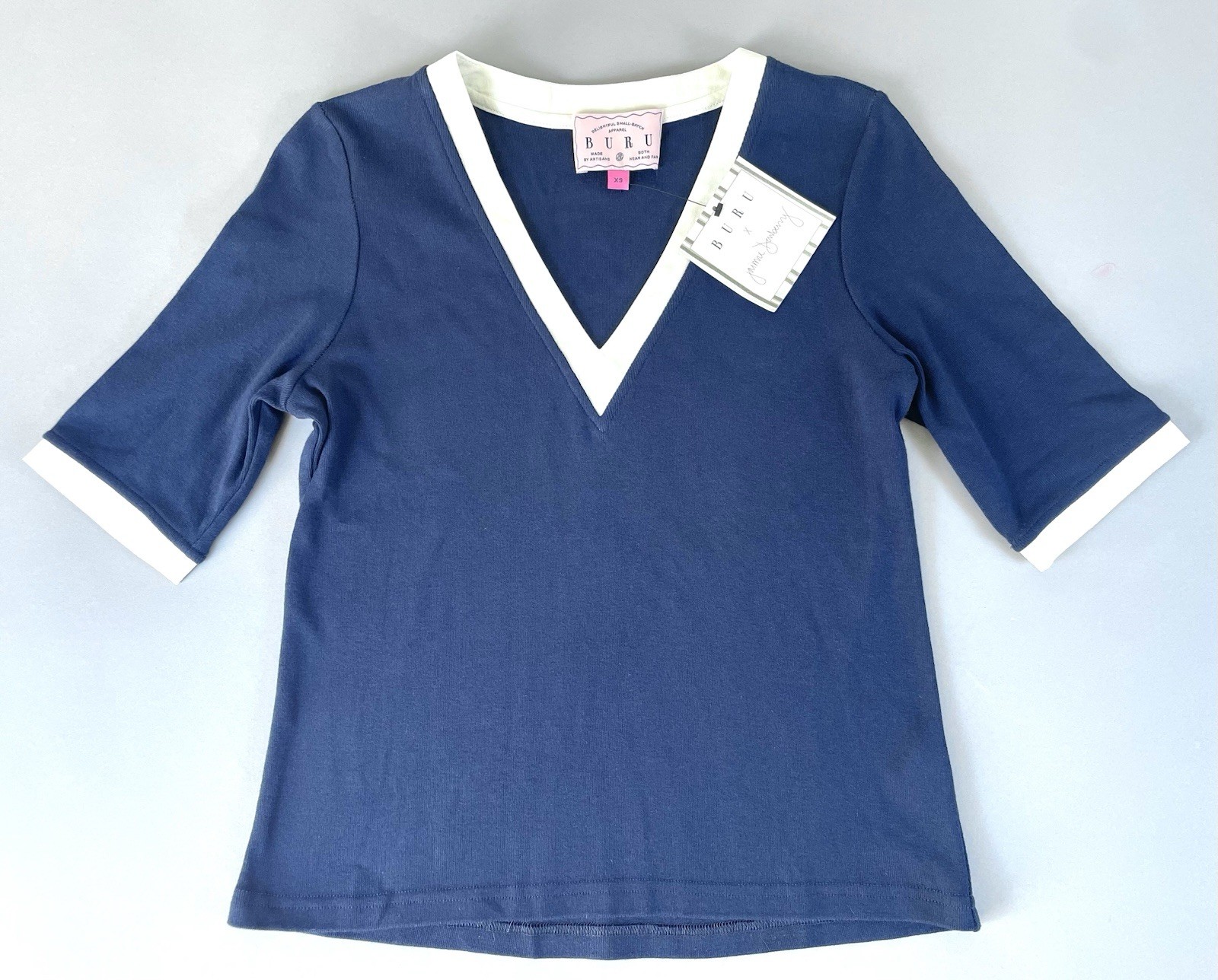 Buru Contrast Tee Navy Linen Cotton XS V Neck New With Tags ($128)