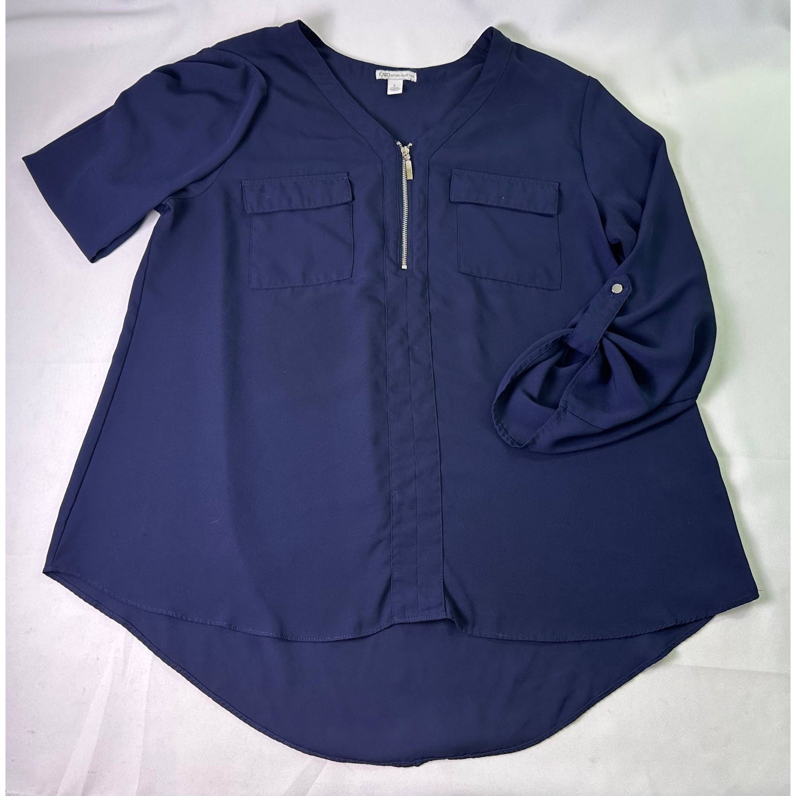 Cato Women Navy Blue Zip Front V-Neck Blouse Roll Tab Long Sleeve Pockets Top L