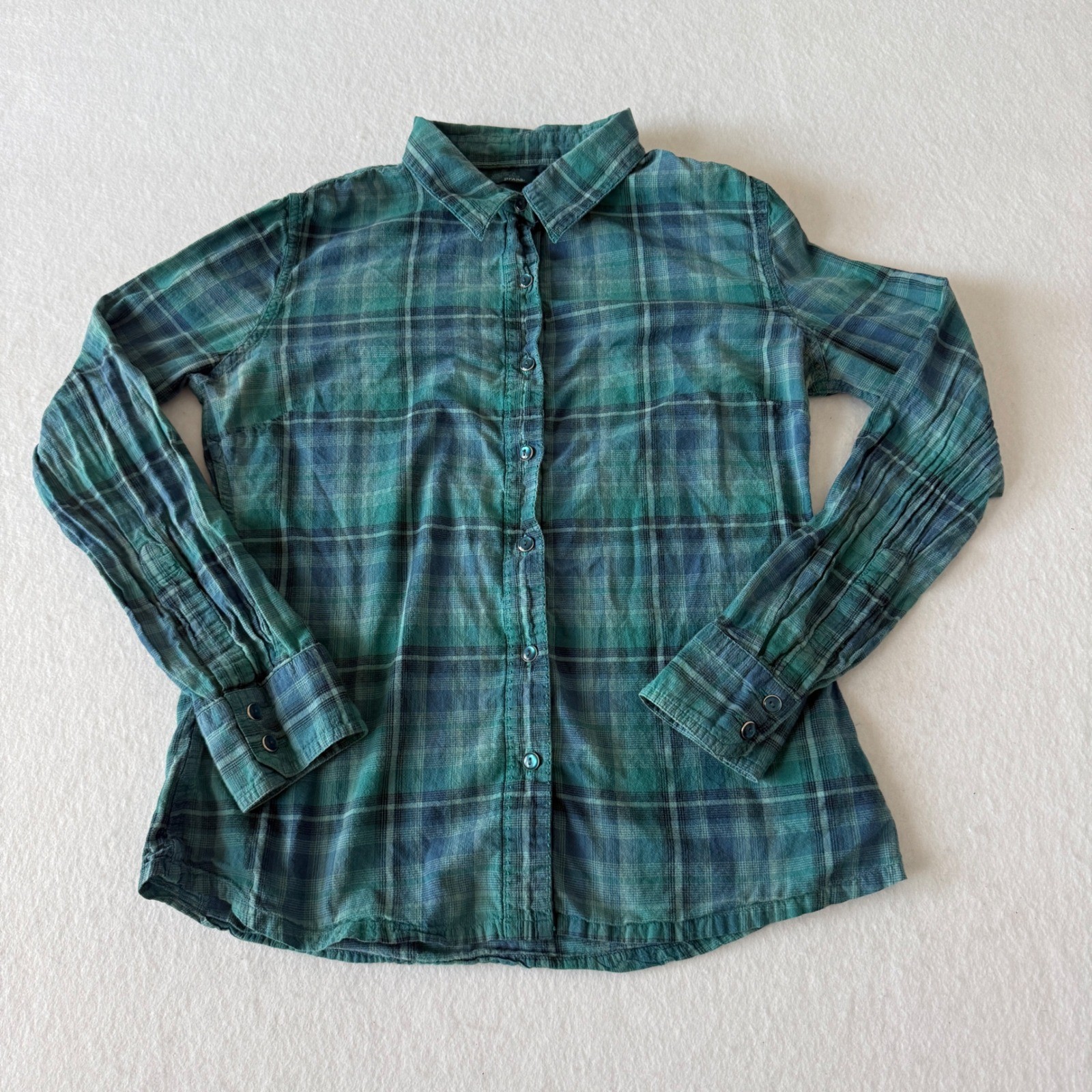 Prana Plaid Cotton Button Up Shirt Womens L Teal Green